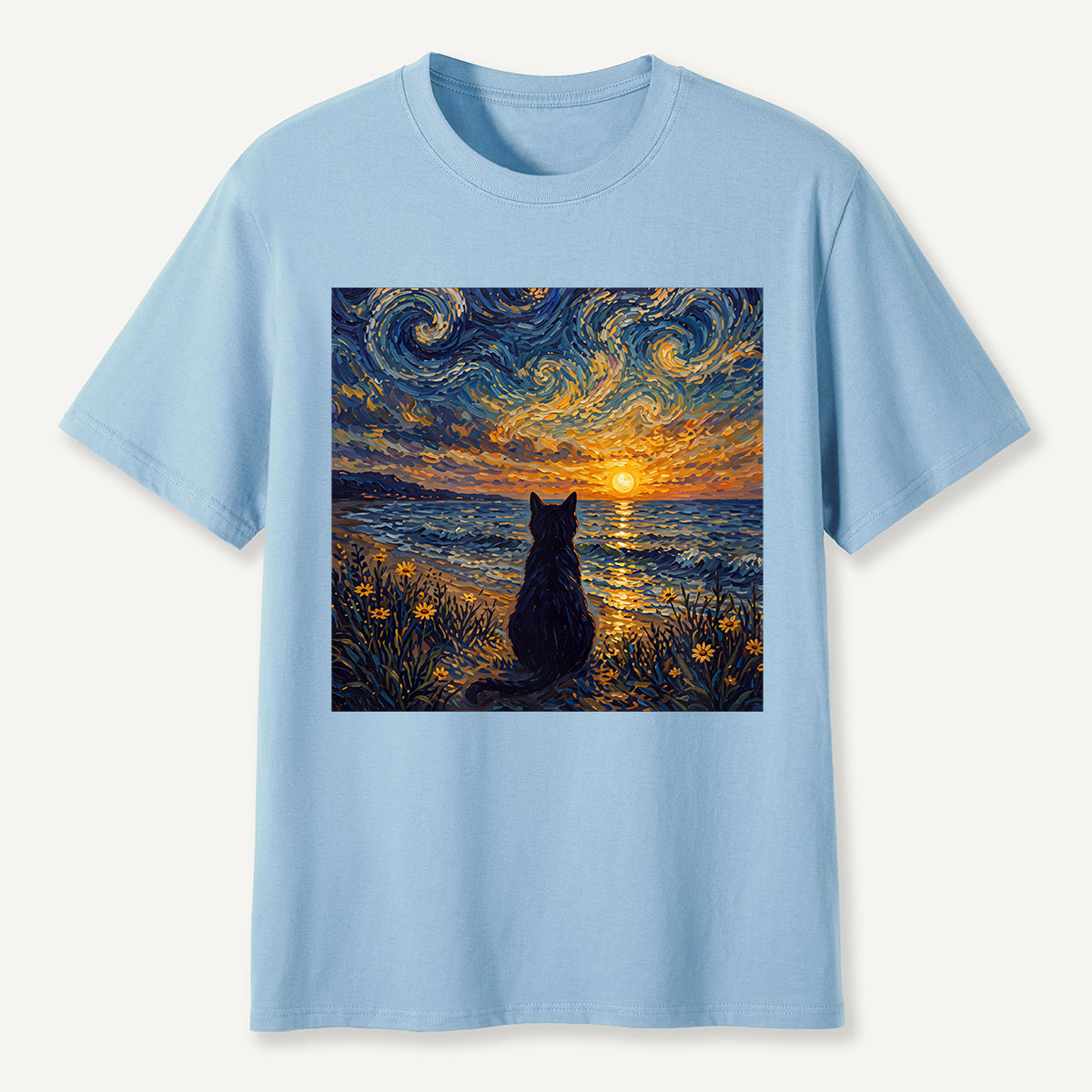 Starry Night Sunset Cat Seaside T-Shirt