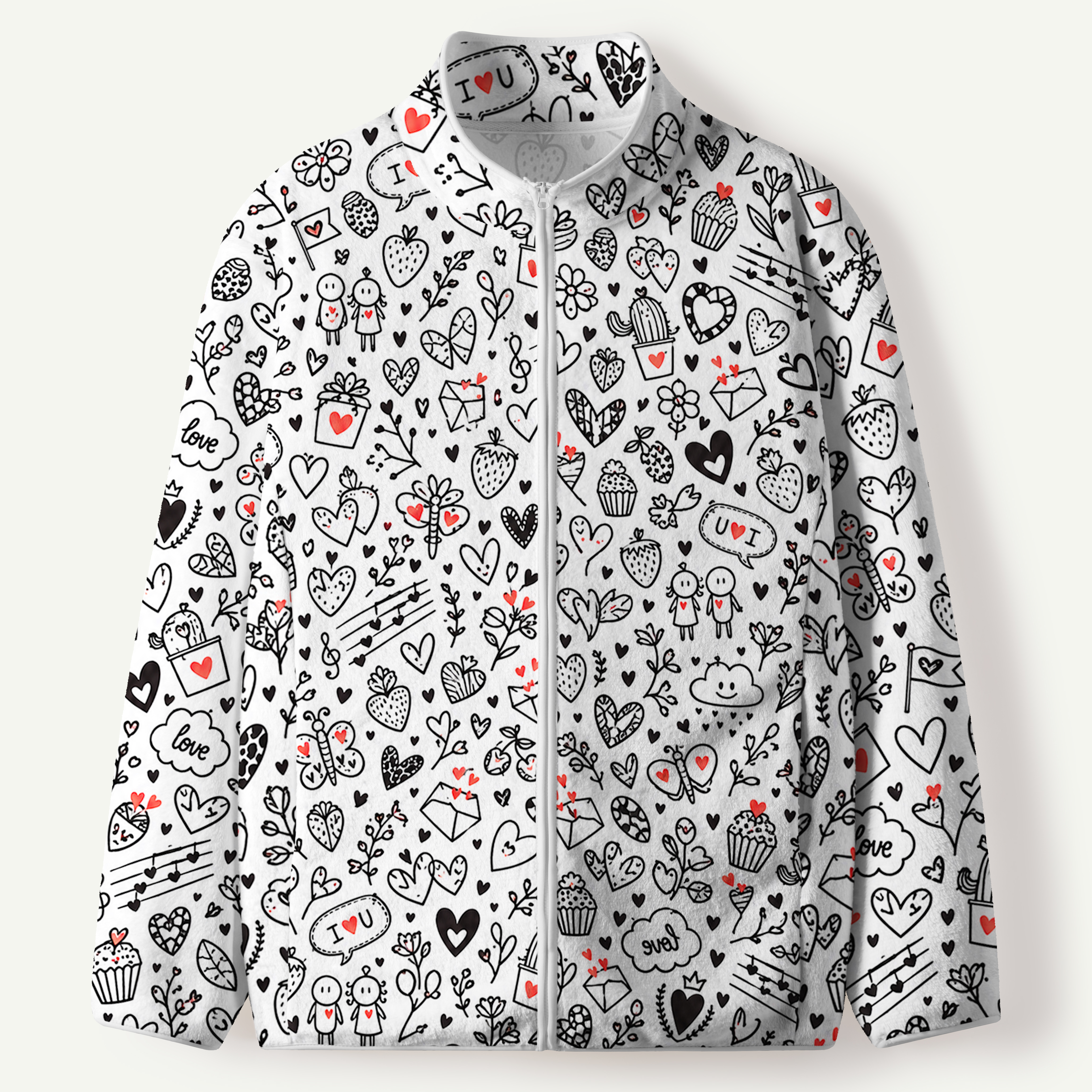 Love Heart Doodle Pattern Women's Flannel Zip Front Cardigan