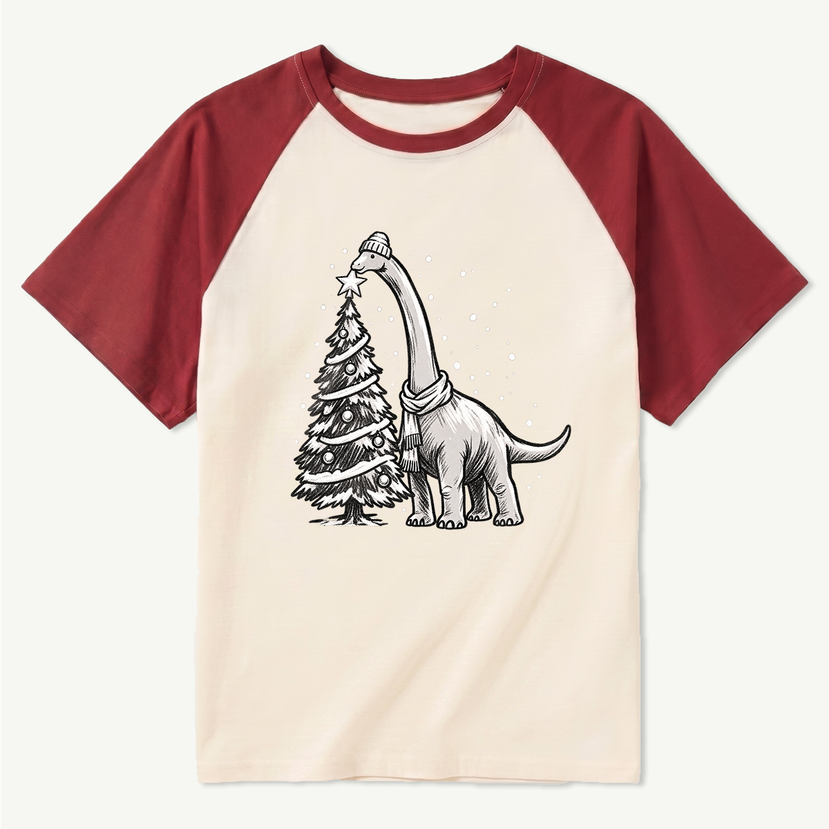 Cozy Long Neck Dinosaur Decorating Christmas Tree Raglan T-Shirt