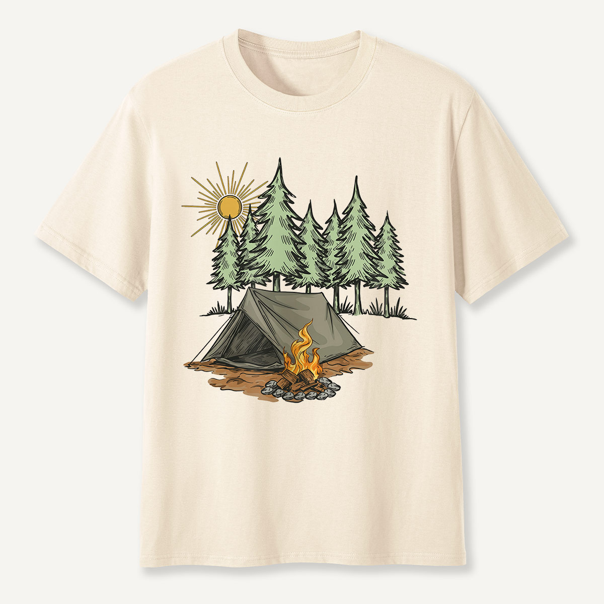 Sunny Forest Tent Campfire Illustration T-Shirt
