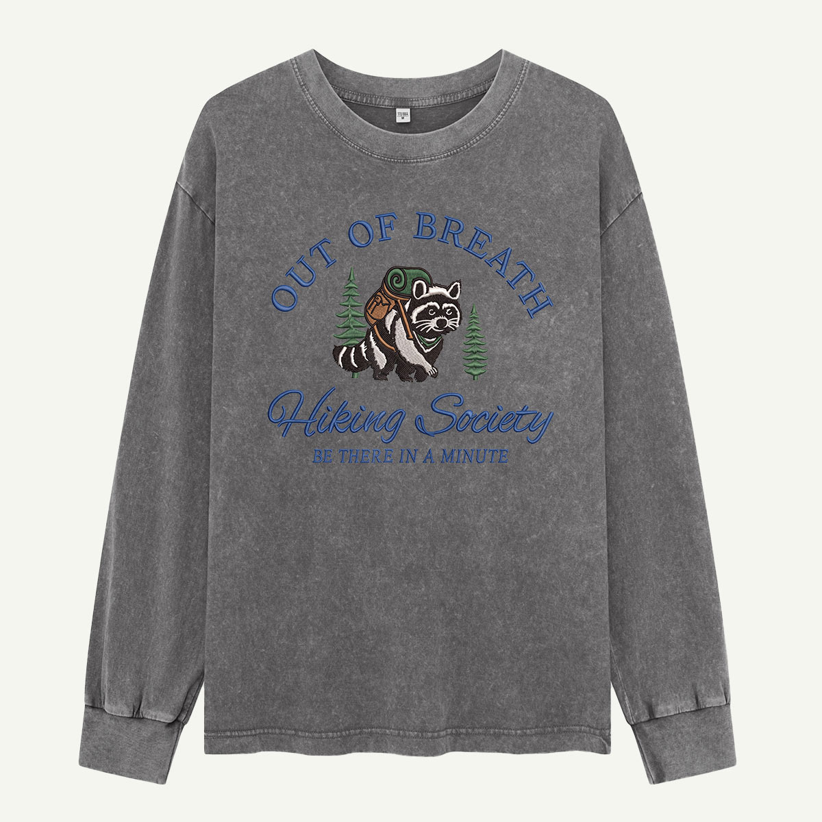 Out of Breath Raccoon Hiking Society Embroidered Washed Long Sleeves