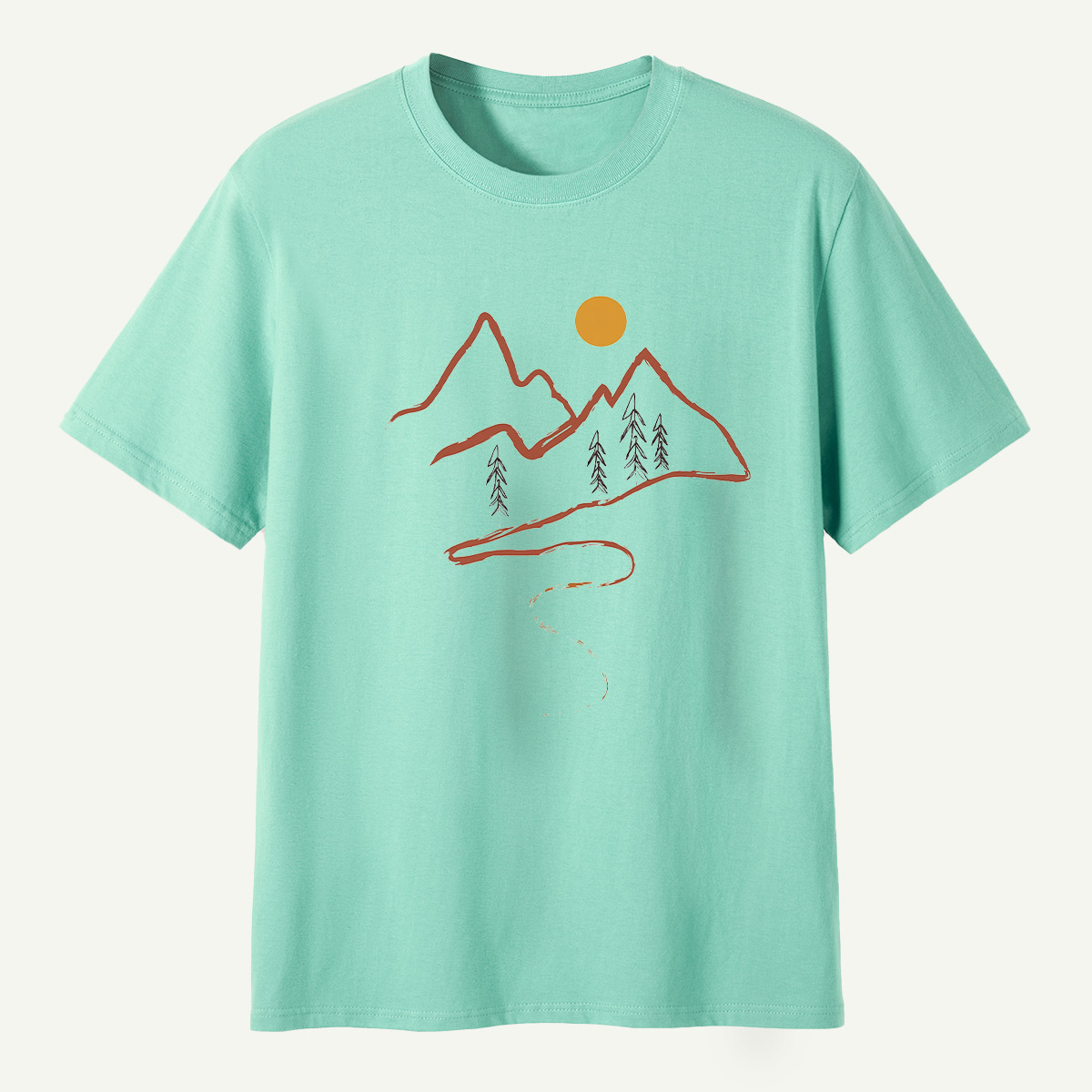Minimal Mountain Sun Trail Line Art T-Shirt