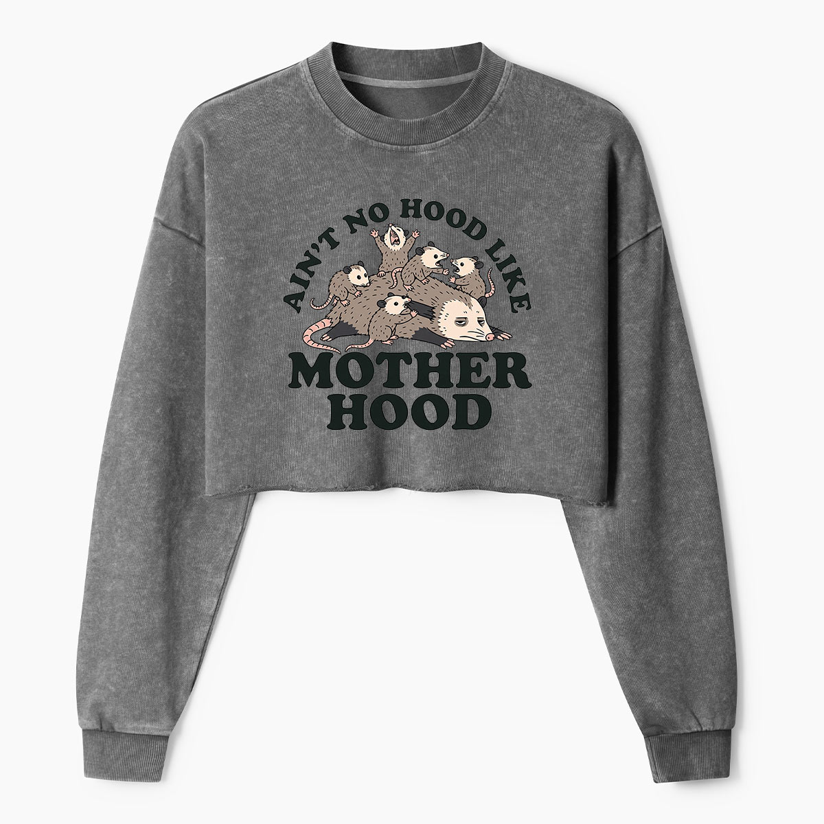 Aint No Hood Like Motherhood Opossum Mom Women's Washed Cropped Sweatshirt