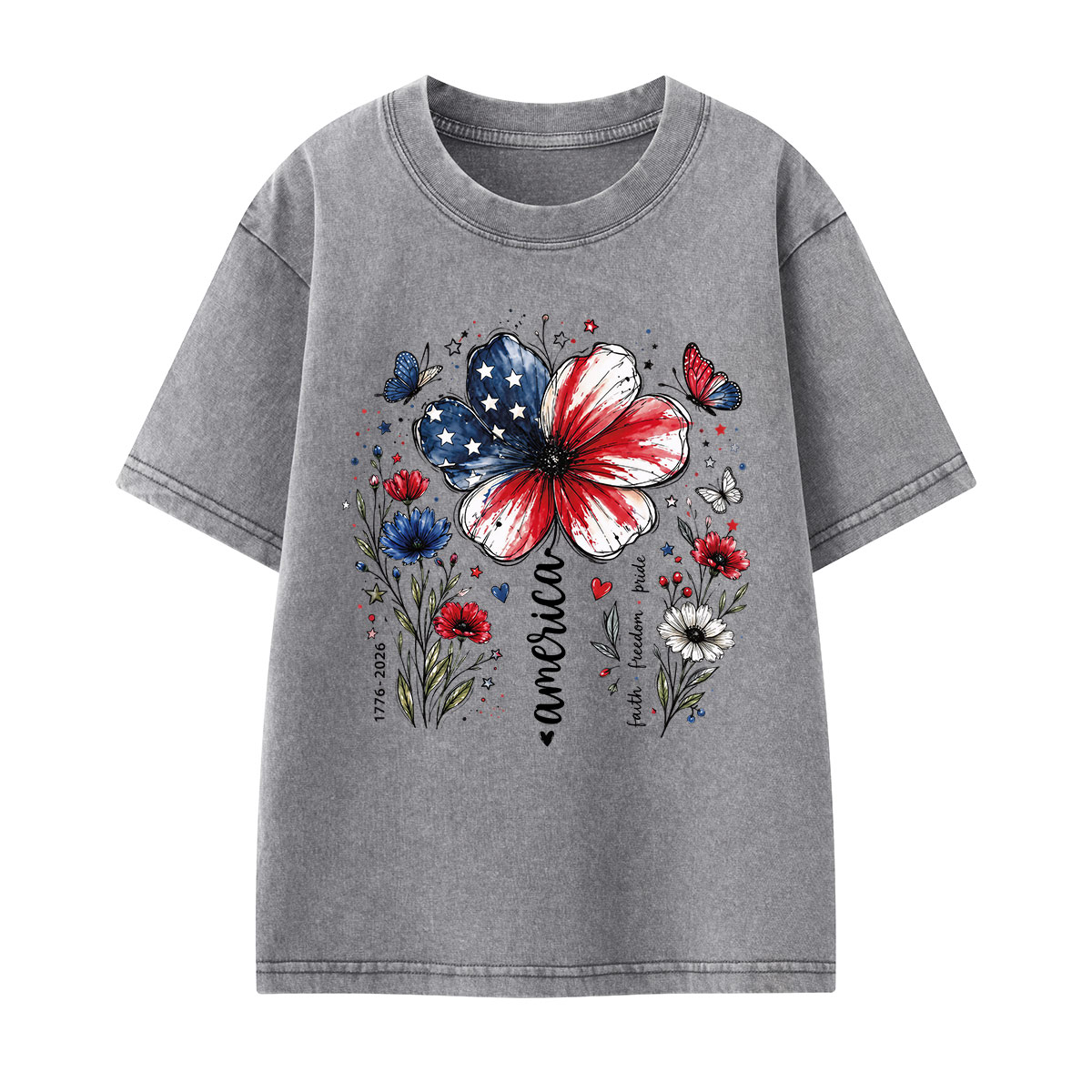 USA 250th Anniversary Floral Kids Washed T-Shirt