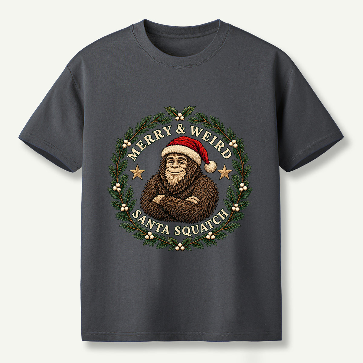Merry And Weird Santa Squatch Christmas Wreath T-Shirt