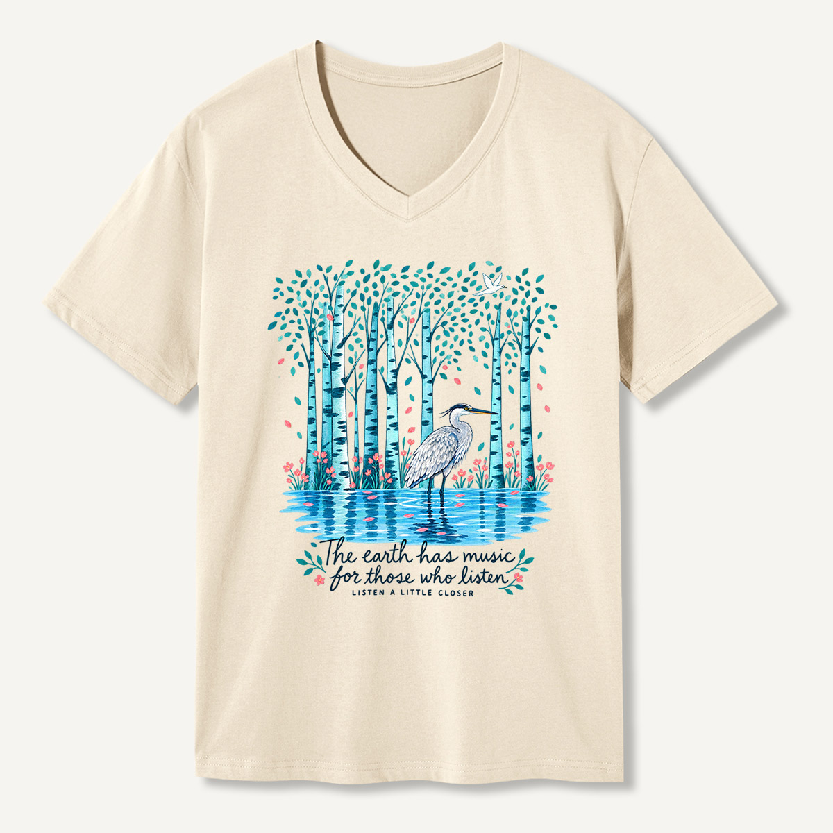 The Earth Has Music Heron Forest Nature V-neck T-Shirt