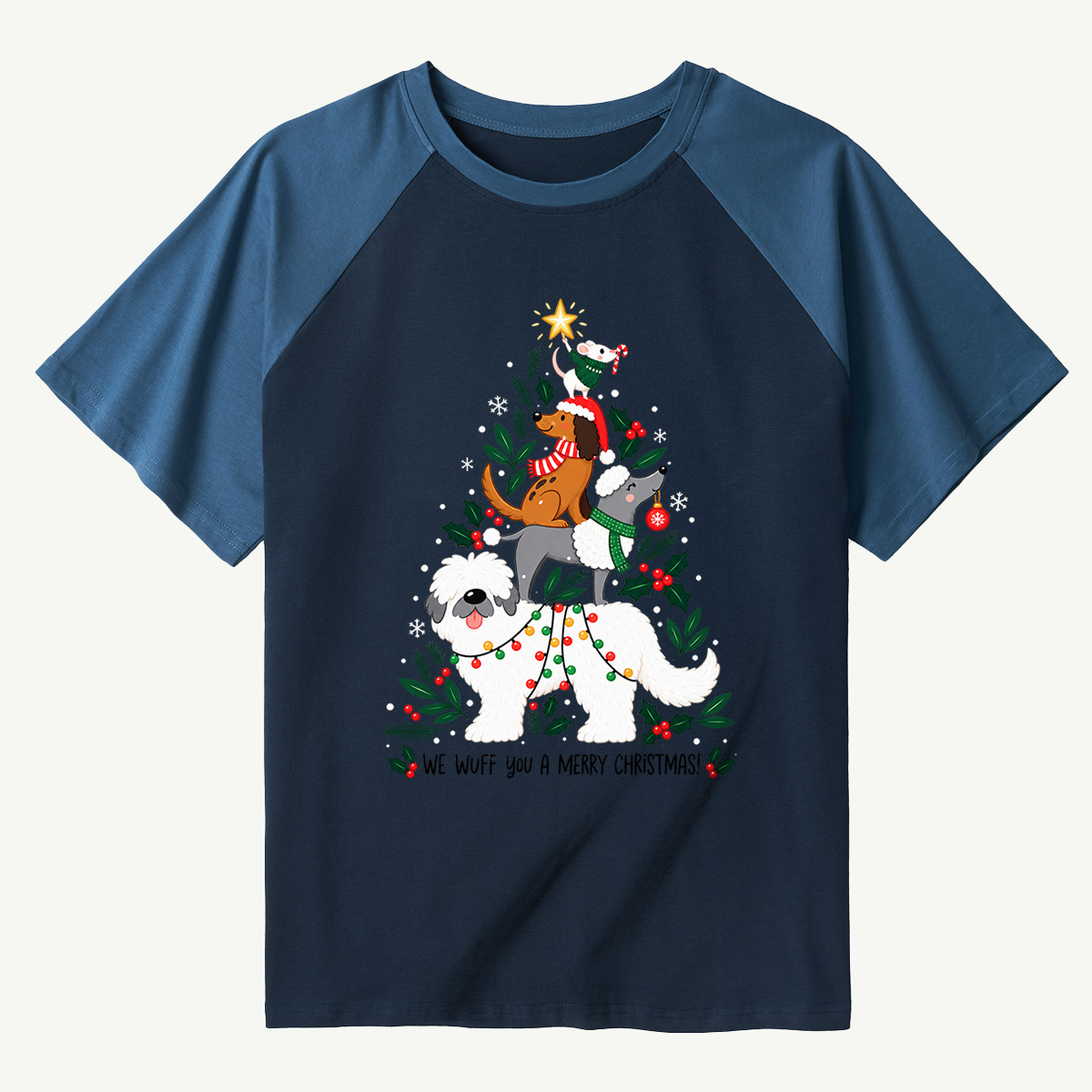 We Wuff You A Merry Christmas Stacked Dogs Raglan T-Shirt