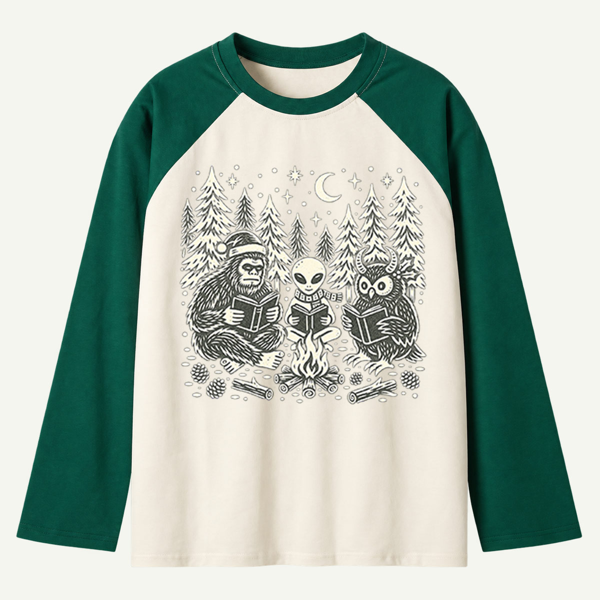 Bigfoot Alien And Owl Christmas Campfire Reading Club Raglan Long Sleeves