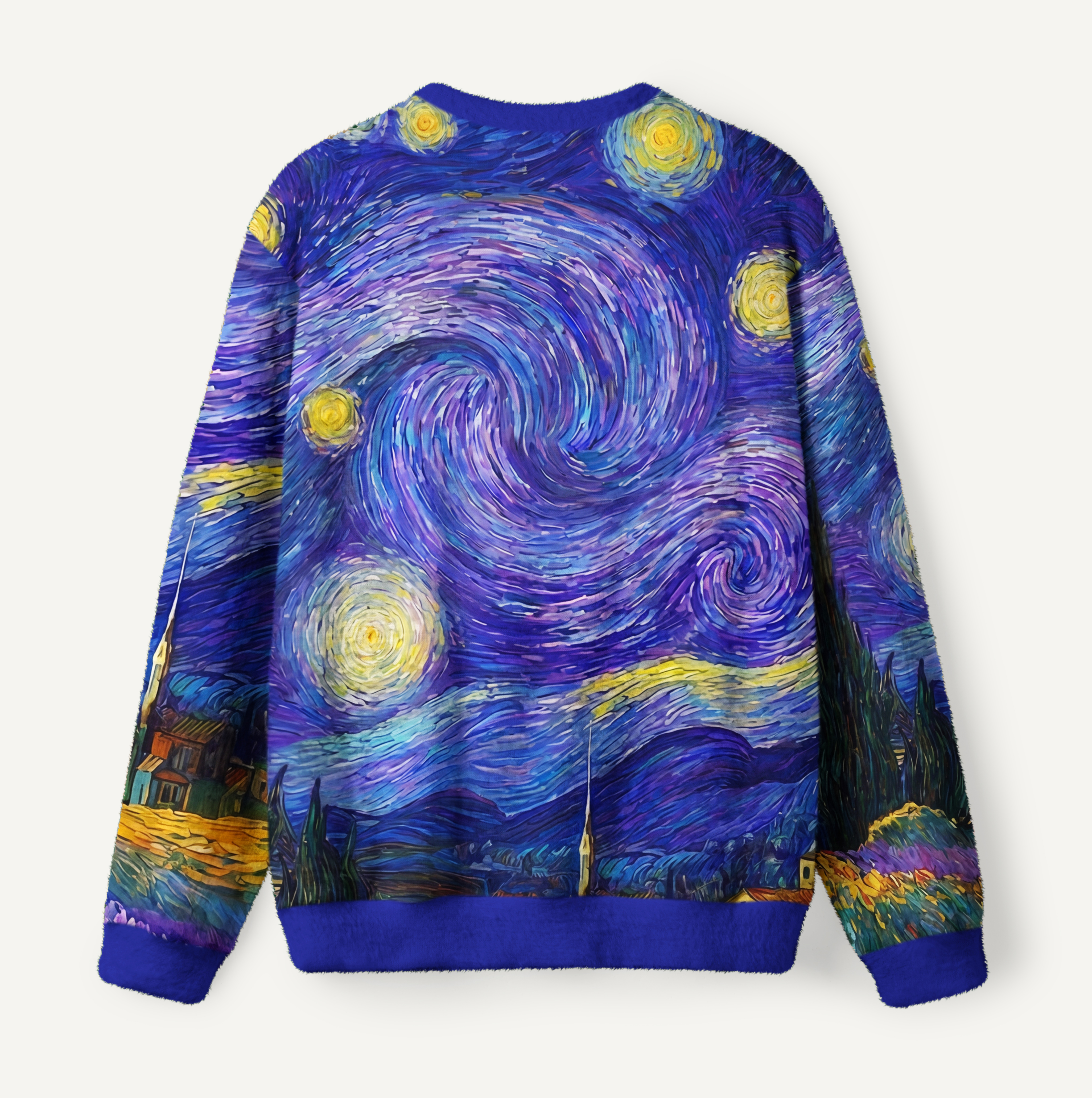 Swirling Night Sky Village Landscape Ugly Fuzzy Fleece Sweatshirt