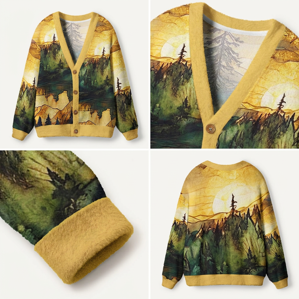Sunset Alpine Forest Landscap Premium Ugly Cardigan Sweaters