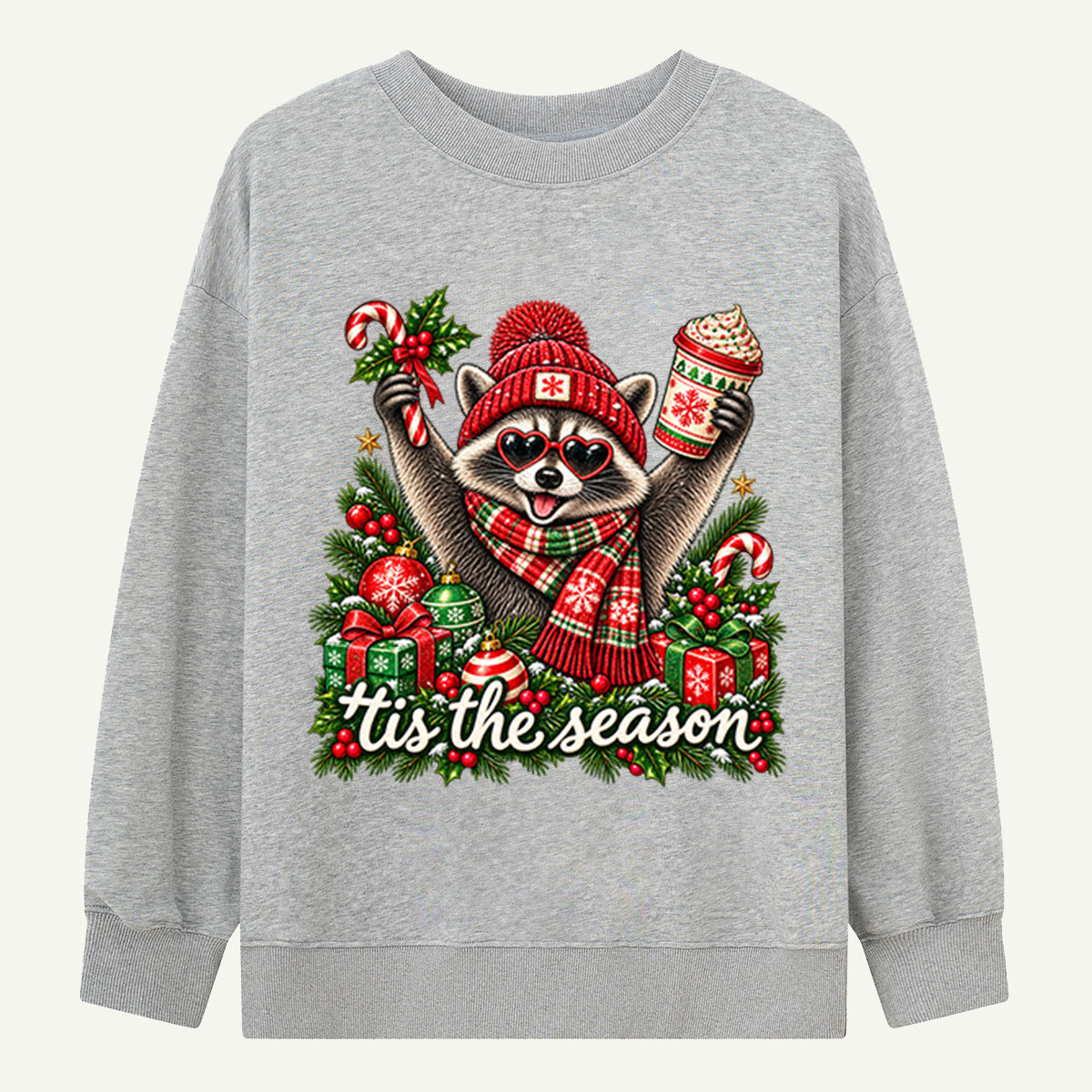 Tis The Season Festive Raccoon With Heart Sunglasses And Hot Cocoa Sweatshirts