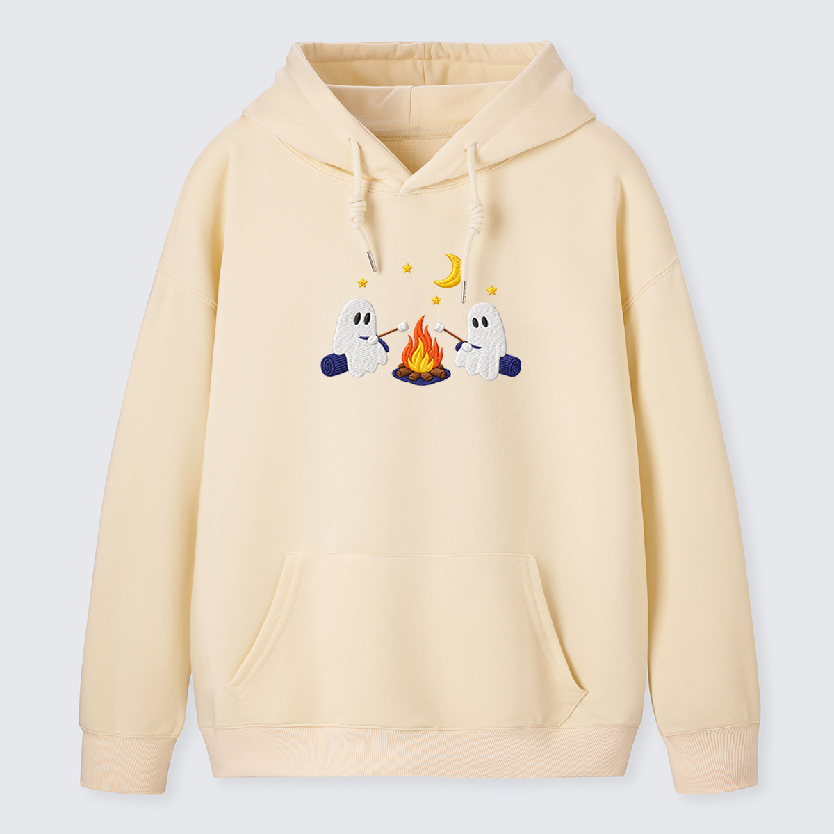 Ghost Campfire Under Moon Embroidered Cotton Hoodie