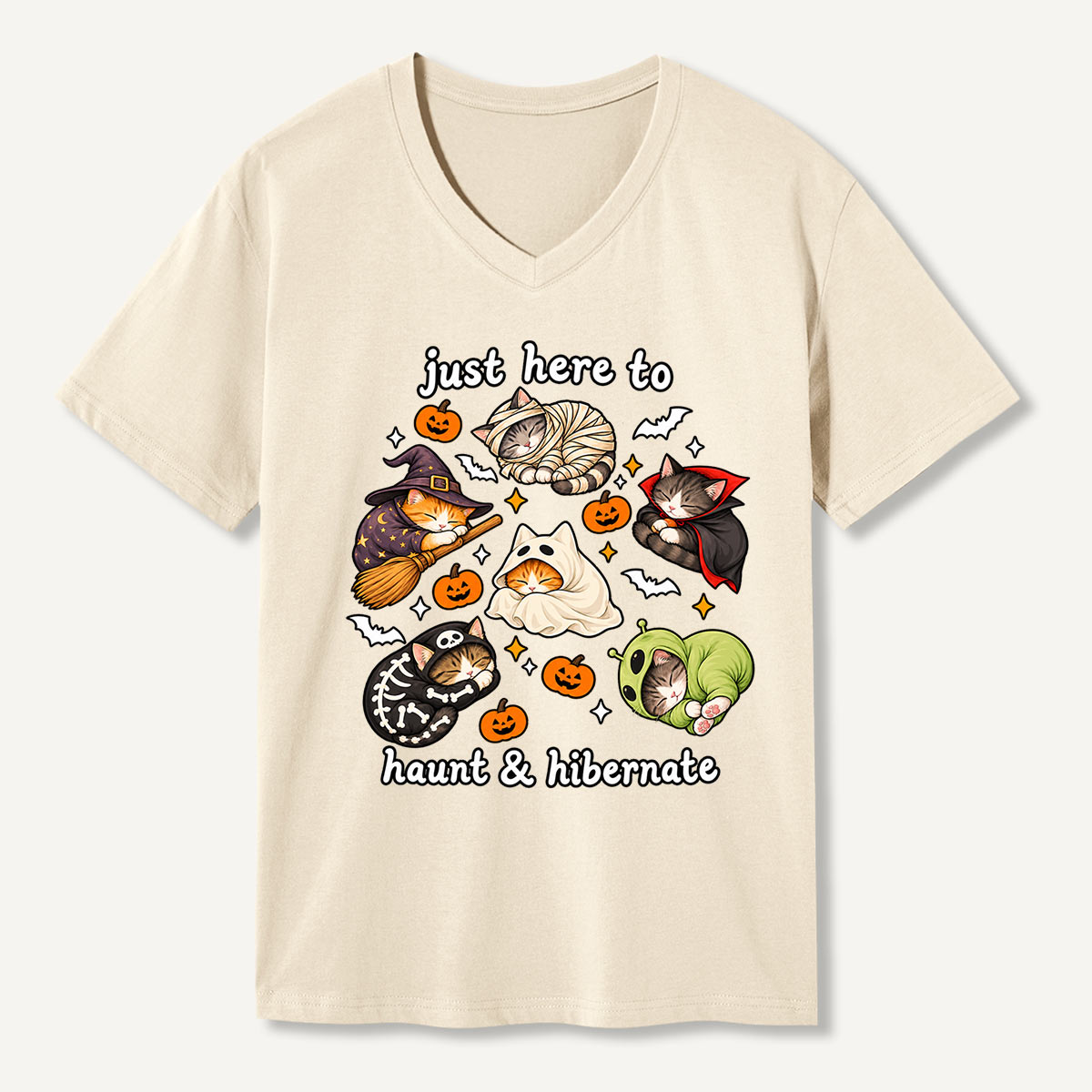 Just Here To Haunt And Hibernate Halloween Animals V-neck T-Shirt