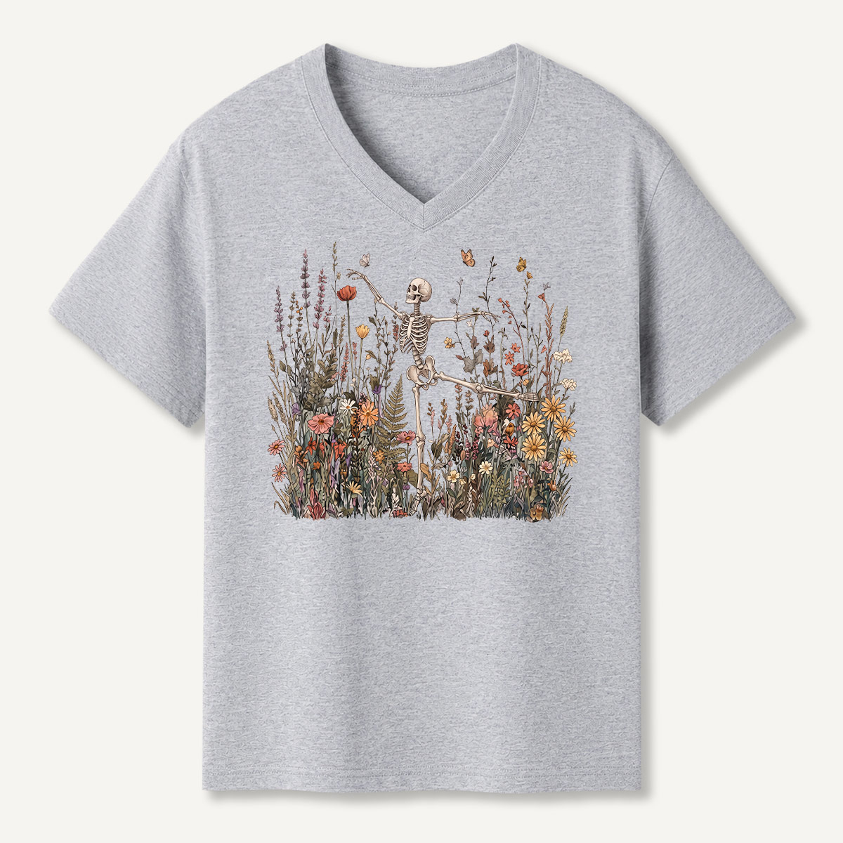 Dancing Skeleton Wildflower Garden V-neck T-Shirt