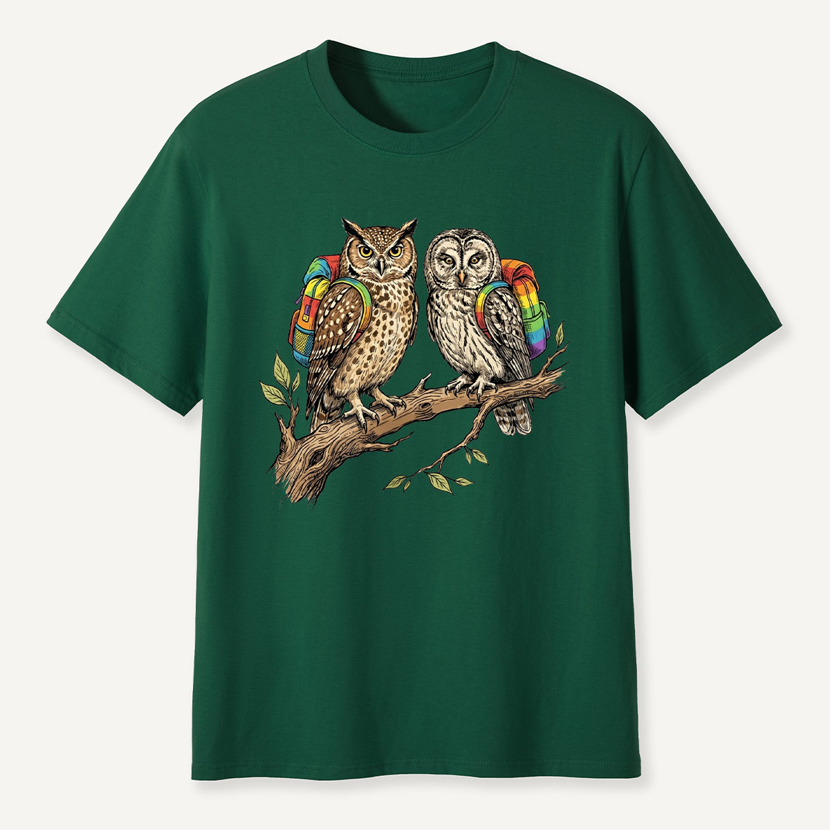 Couple Owls on Branch with Rainbow Backpacks T-Shirt