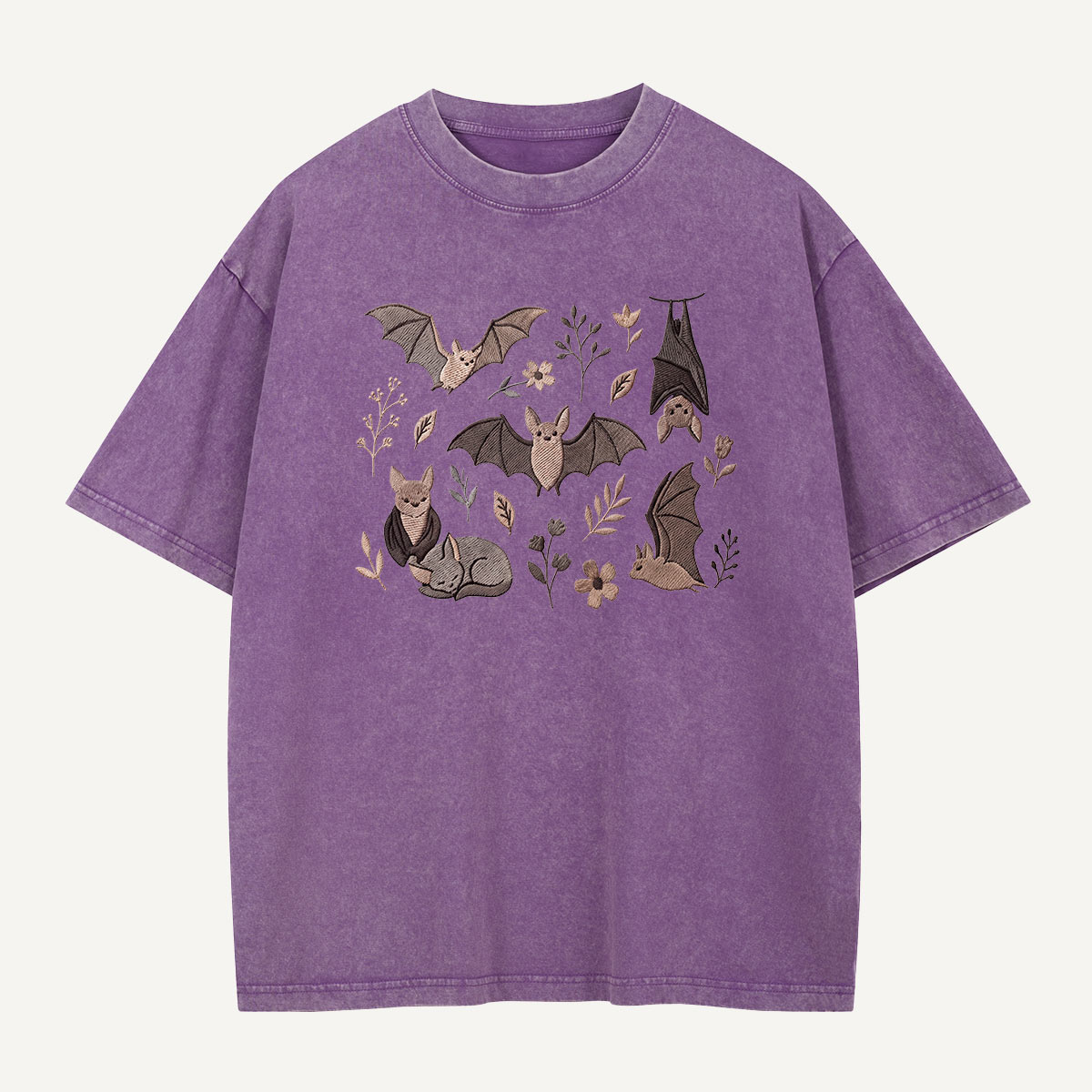 Bat Blooms & Midnight Wings Embroidered Washed T-Shirt