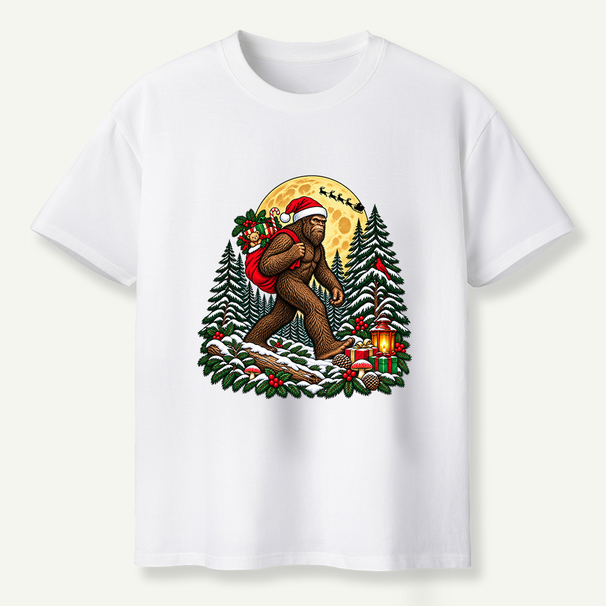 Christmas Bigfoot Santa Gift Delivery In Snowy Forest T-Shirt
