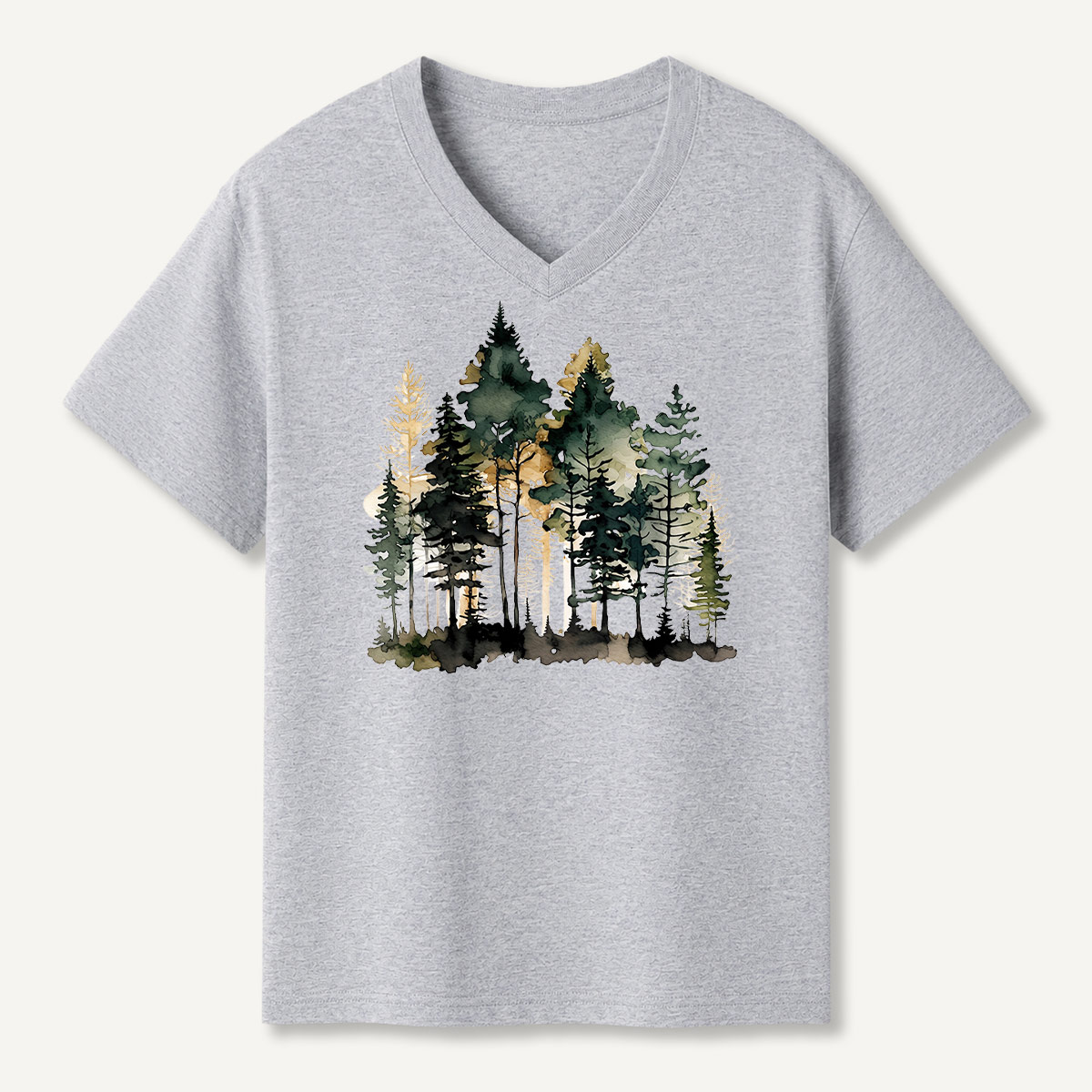 Watercolor Pine Forest Landscape V-neck T-Shirt