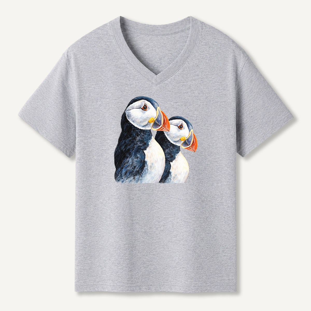 Dual Puffin Watercolor Portrait V-neck T-Shirt
