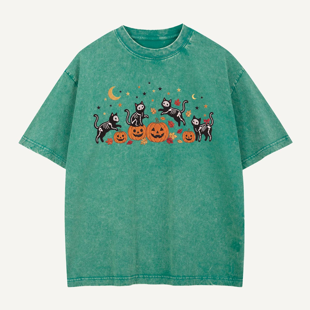 Skeleton Cats Pumpkin Party Washed T-Shirt