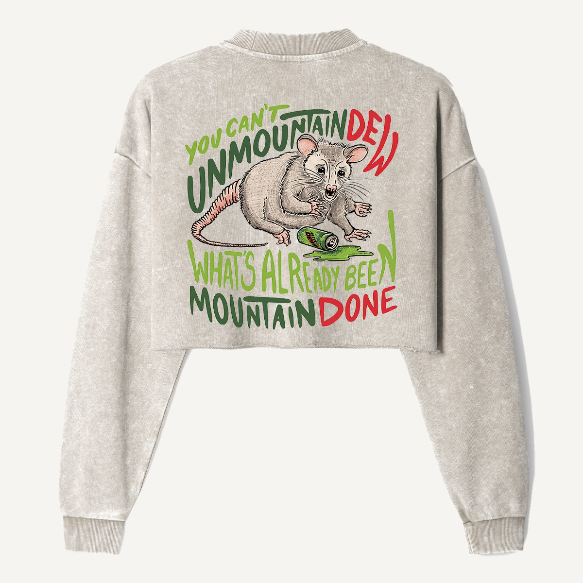 Mountain Done Opossum Retro Parody Women's Washed Cropped Sweatshirt