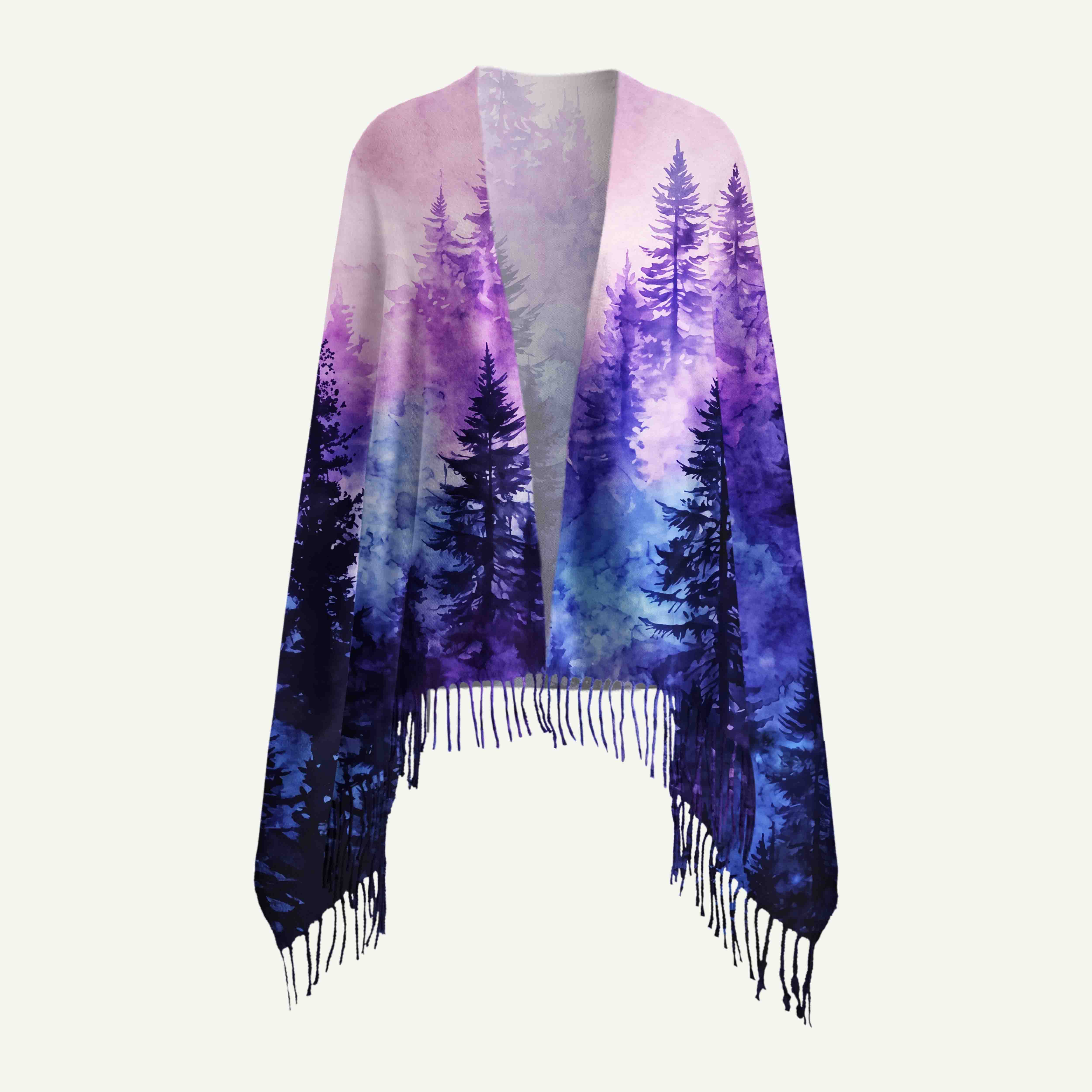 Luminous Forest Long Cashmere Scarf with Tassels
