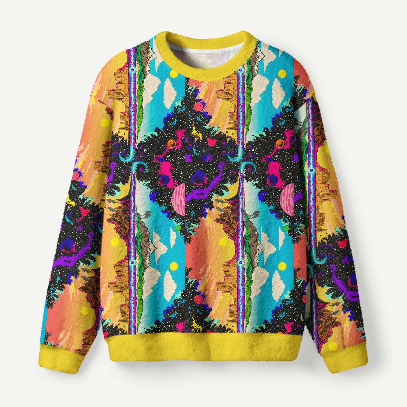 Psychedelic Cosmic Dual Worlds Colorful Planets And Mountains Ugly Fuzzy Fleece Sweatshirt
