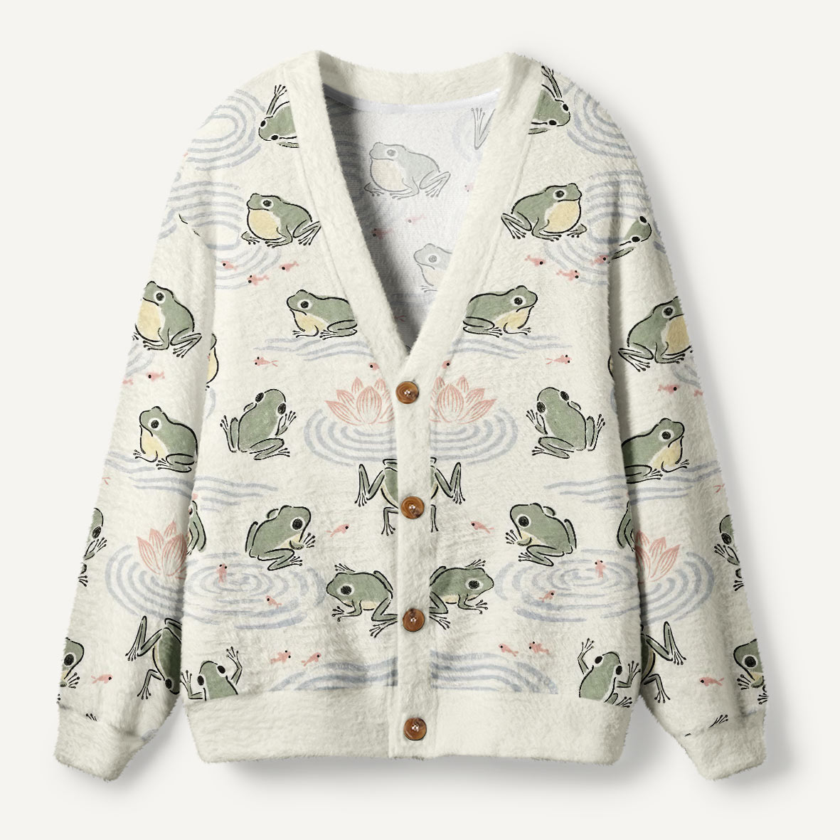 Cute Frogs In Lotus Pond Japanese Inspired Water Art Ugly Cardigan Sweaters