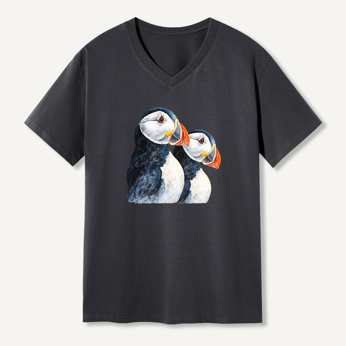 Dual Puffin Watercolor Portrait V-neck T-Shirt