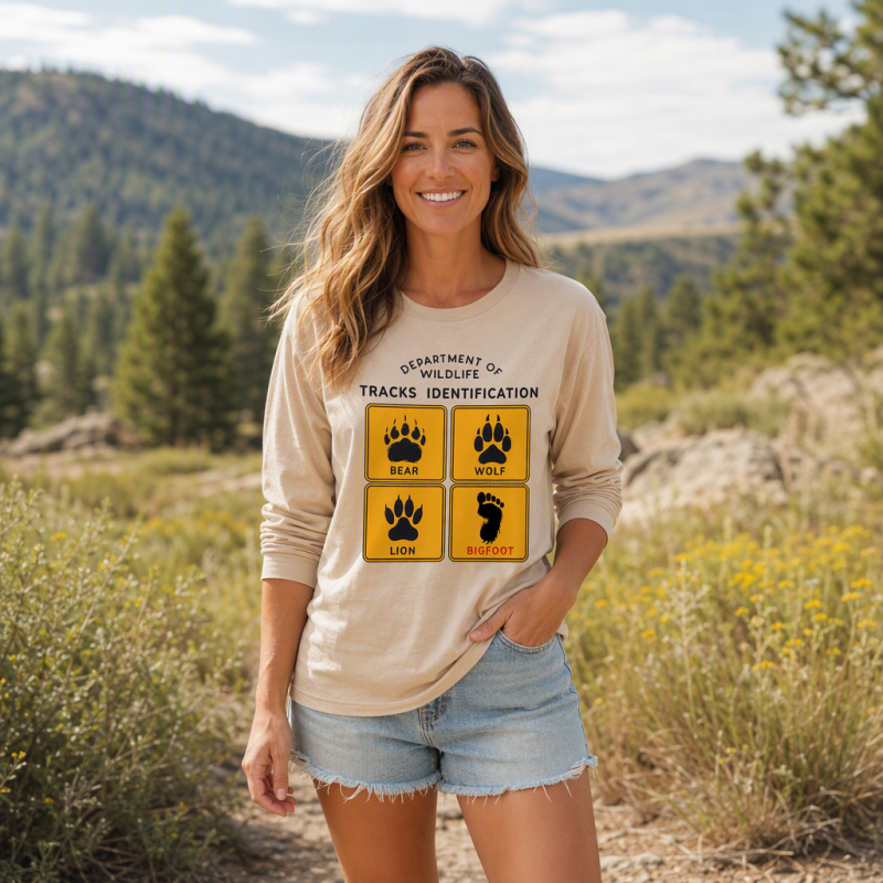 Department of Wildlife Tracks Identification Bear Wolf Lion Cryptids Long Sleeve T-Shirt