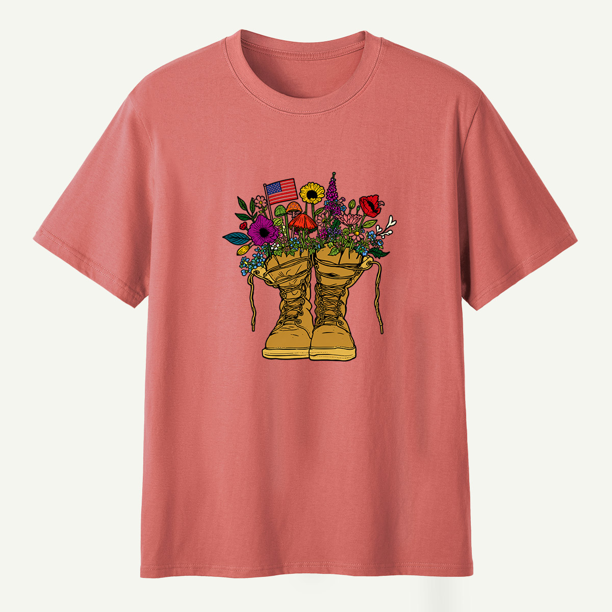 American Flag Combat Boots Wildflower Mushroom Garden T-Shirt