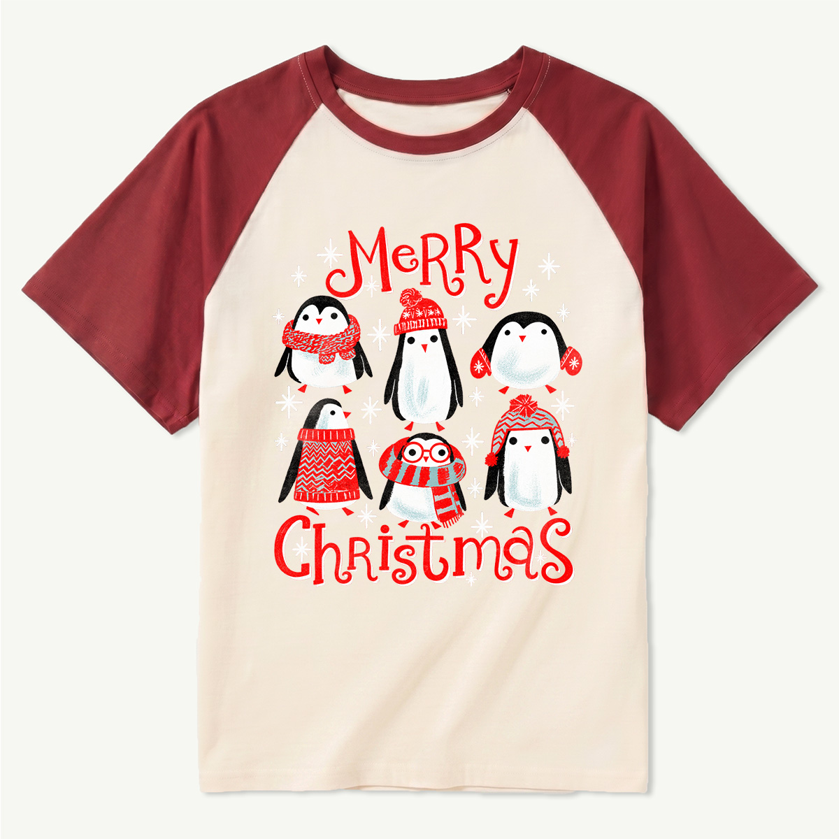 Merry Christmas Six Penguins In Winter Outfits Raglan T-Shirt