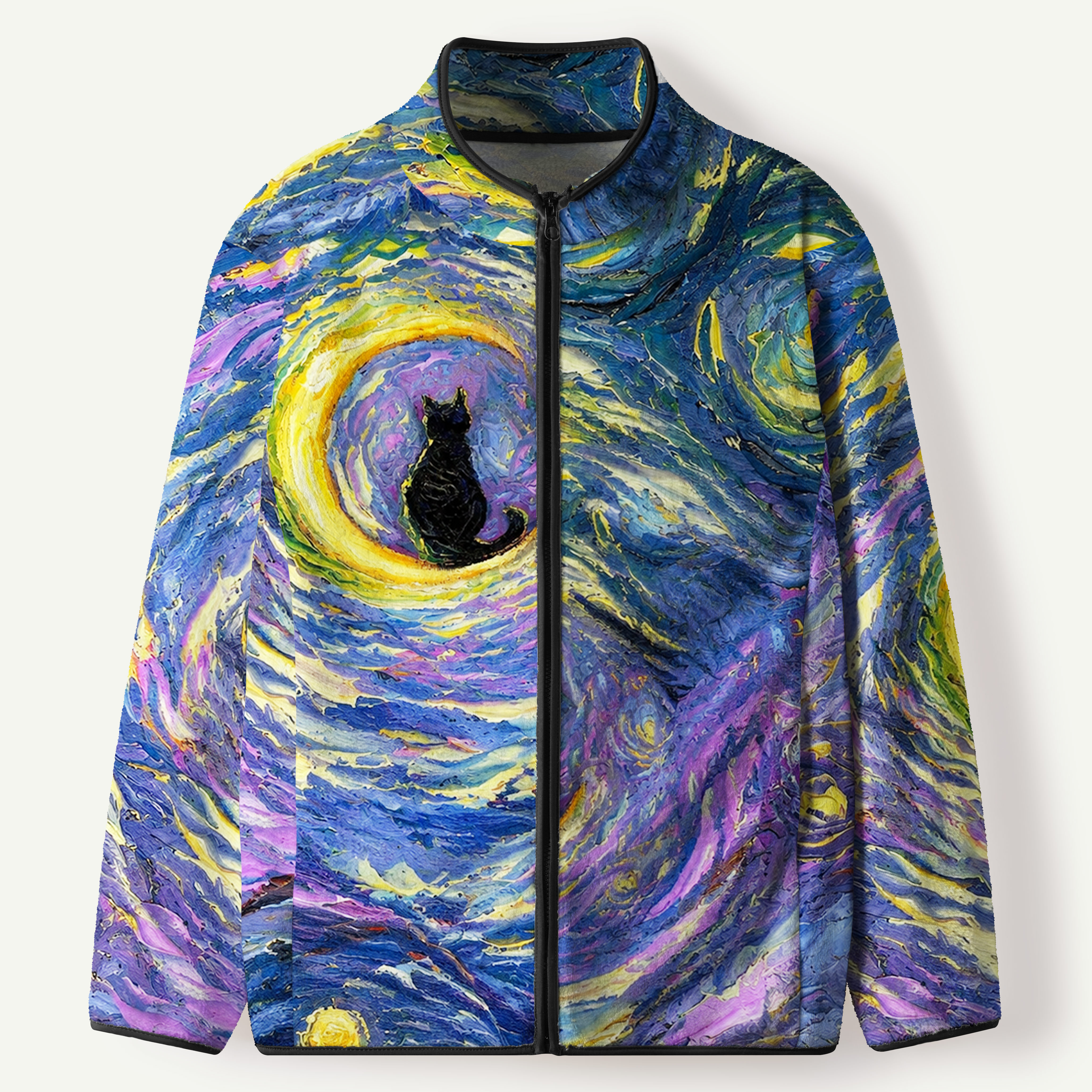 Black Cat On Crescent Moon Women's Flannel Zip Front Cardigan