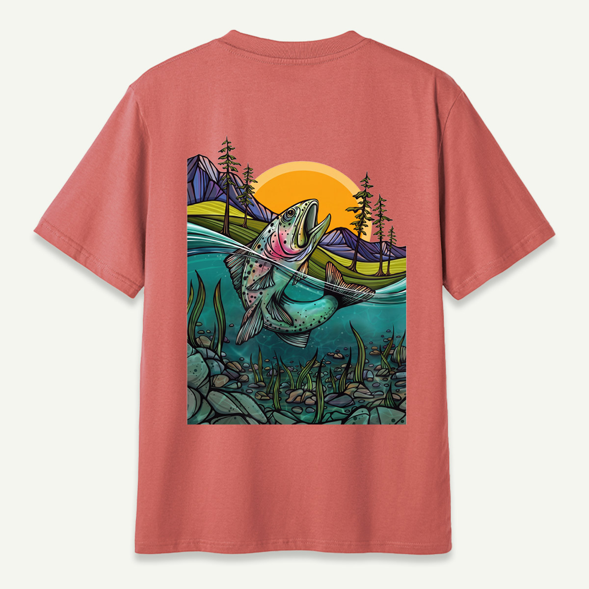 Leaping Trout River Mountain Sunset Landscape T-Shirt