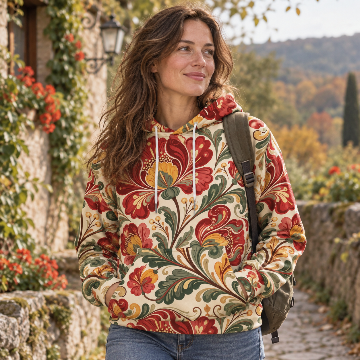 Crimson Folk Floral Scrollwork Garden All-over Printed Hoodie