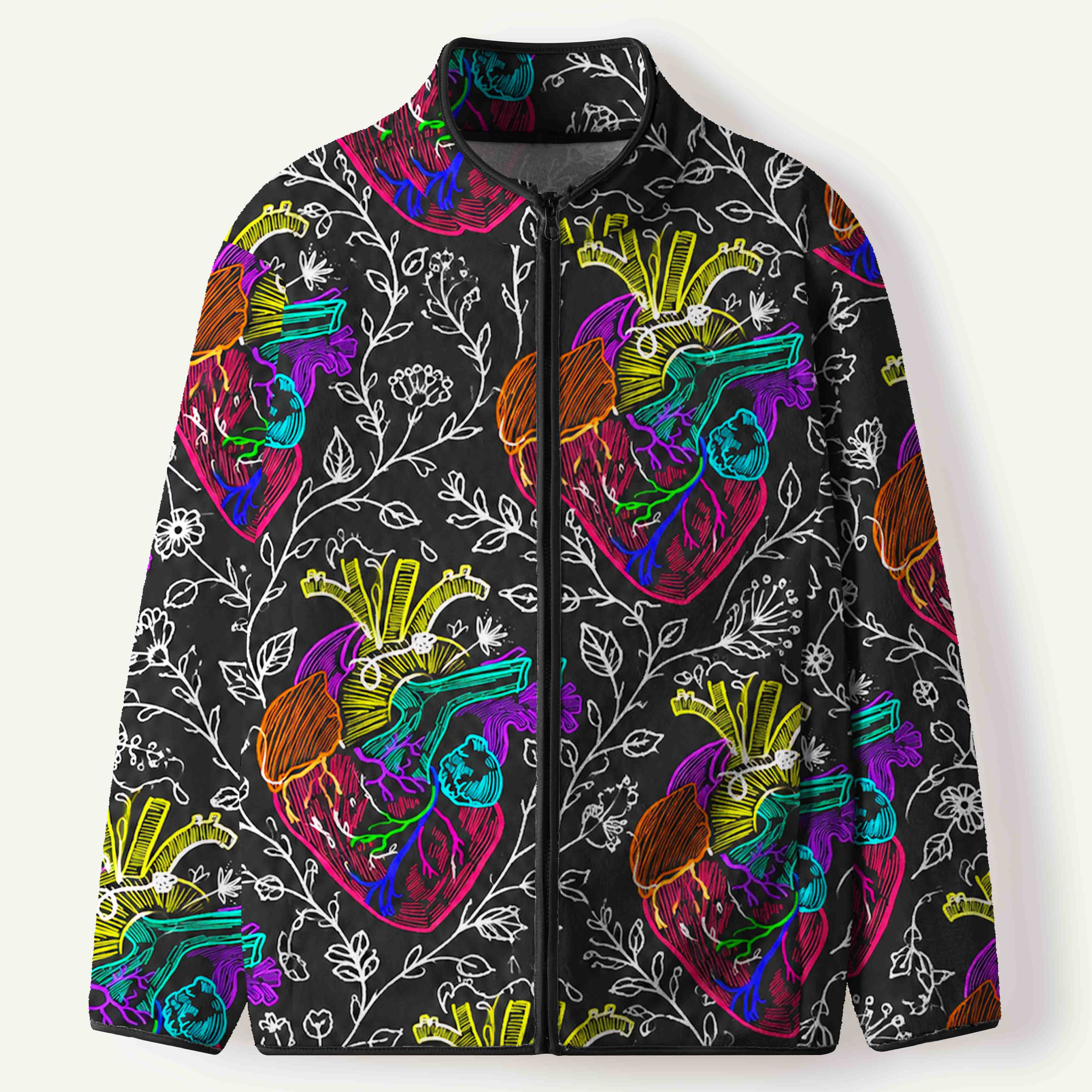 Colorful Anatomical Heart With Botanical Flowers Neon Line Art Men's Flannel Zip Front Cardigan