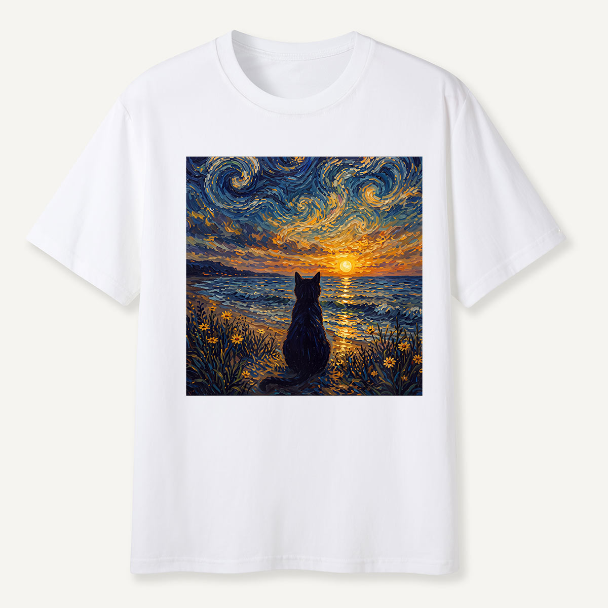 Starry Night Sunset Cat Seaside T-Shirt
