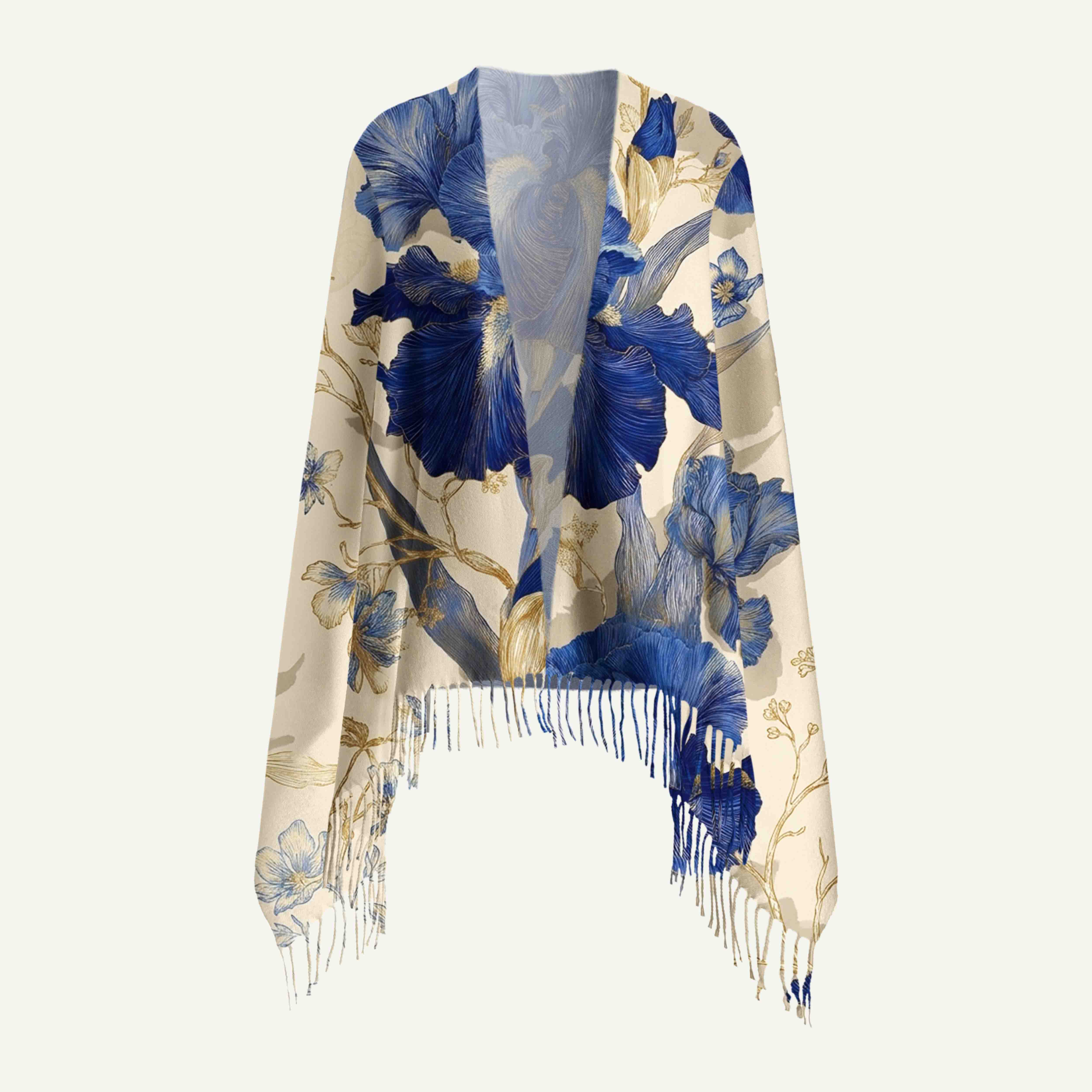 Blue Iris Botanical Long Cashmere Scarf with Tassels