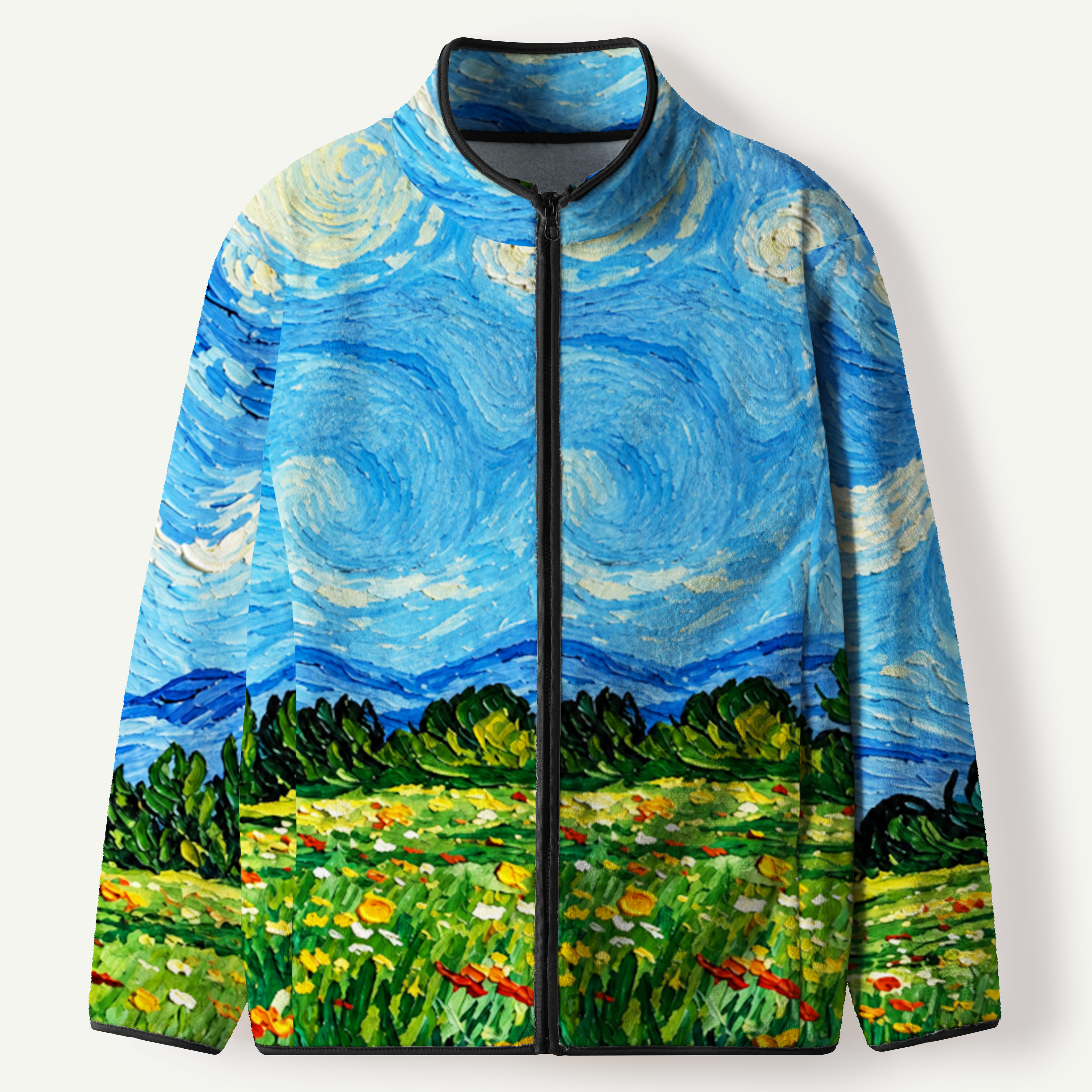 Moonlit Flower Field Painting Women's Flannel Zip Front Cardigan