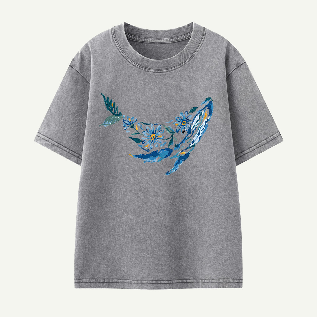 Floral Whale Silhouette Kids Washed T-Shirt