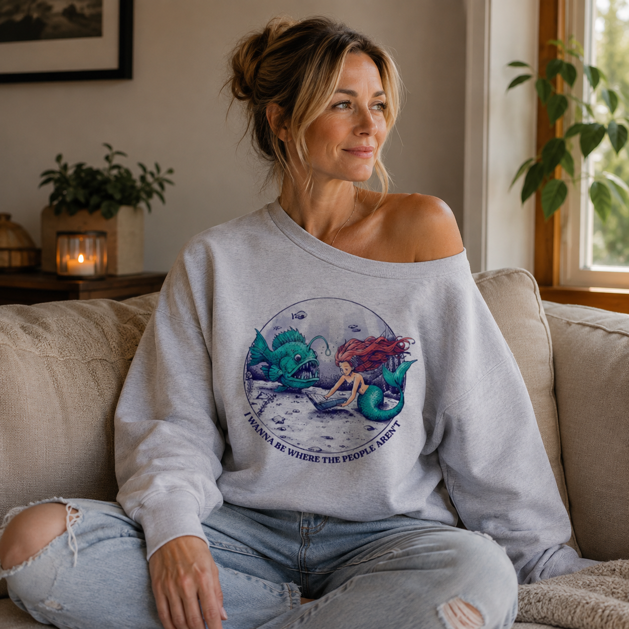 Mermaid And Sea Serpent Moonlit Lagoon Women Off Shoulder Sweatshirt