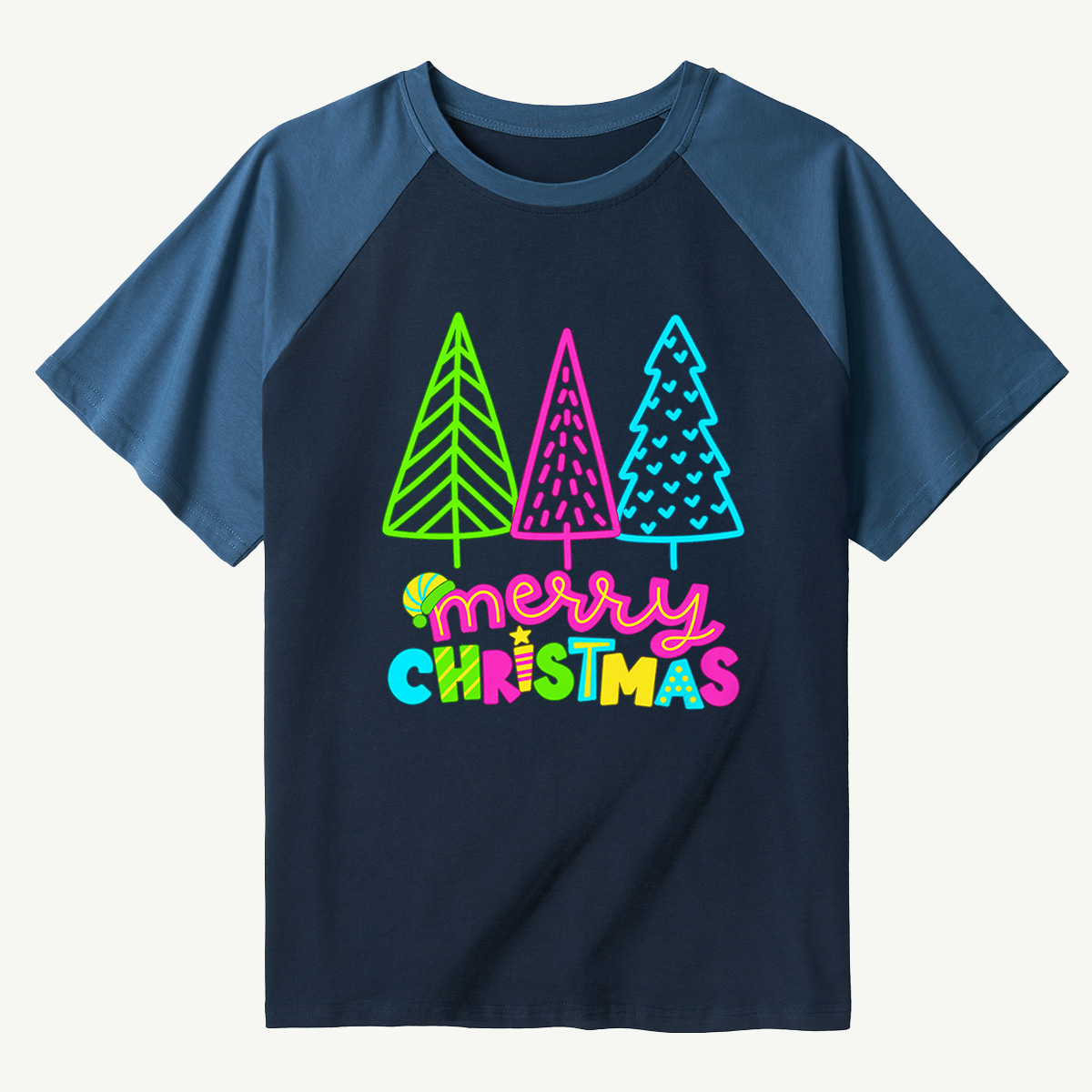 Merry Christmas Three Colorful Neon Trees Raglan T-Shirt