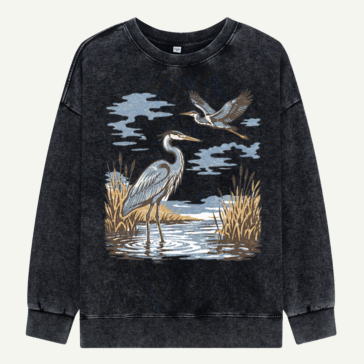 Vintage Heron Wetland Bird Nature Washed Sweatshirts
