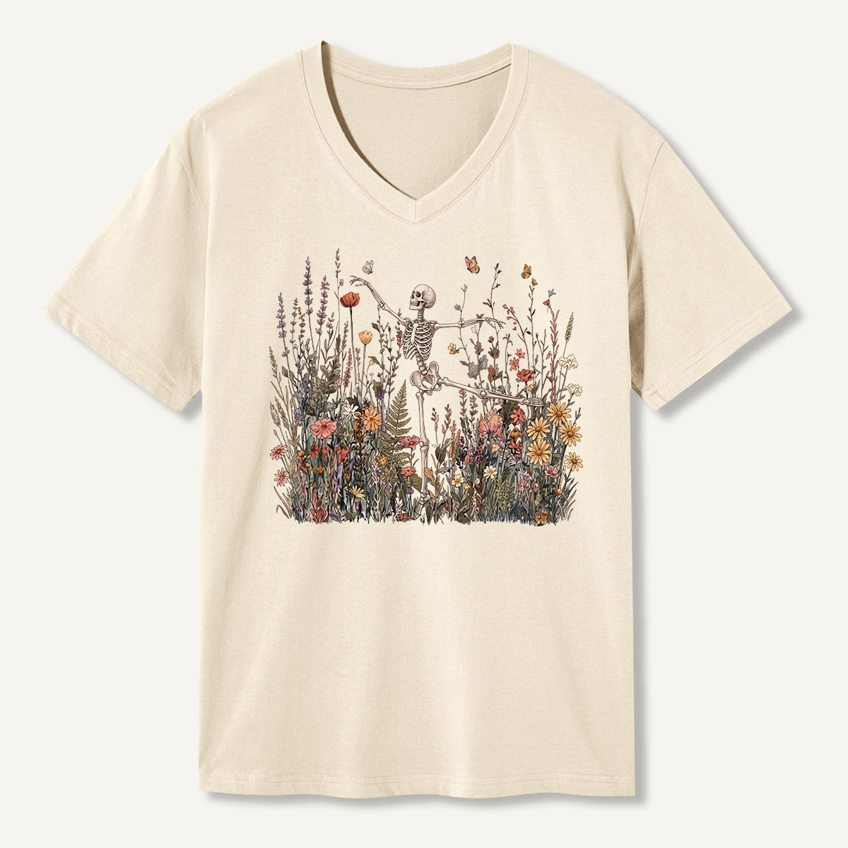 Dancing Skeleton Wildflower Garden V-neck T-Shirt
