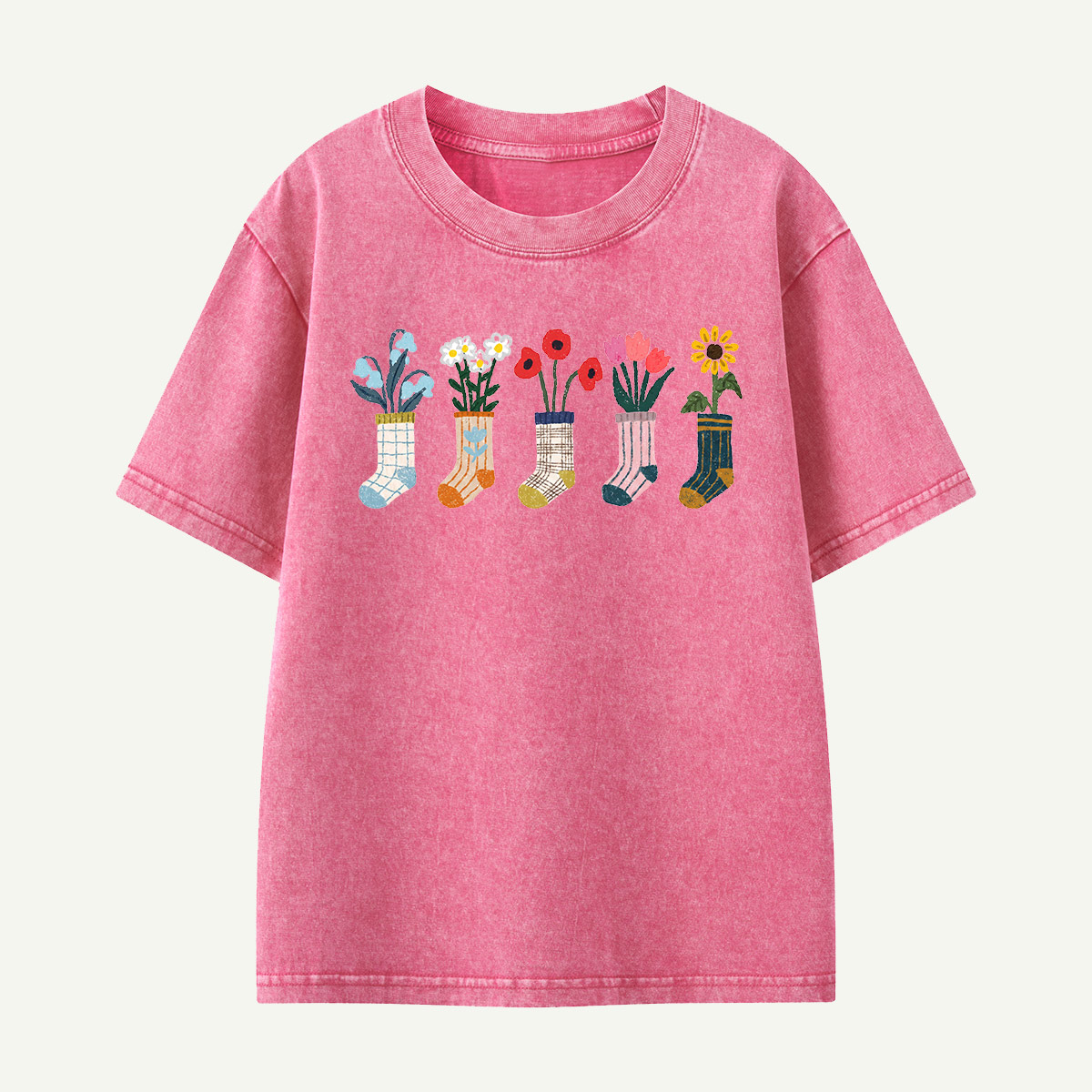Sock Flower Garden Mint Kids Washed T-Shirt