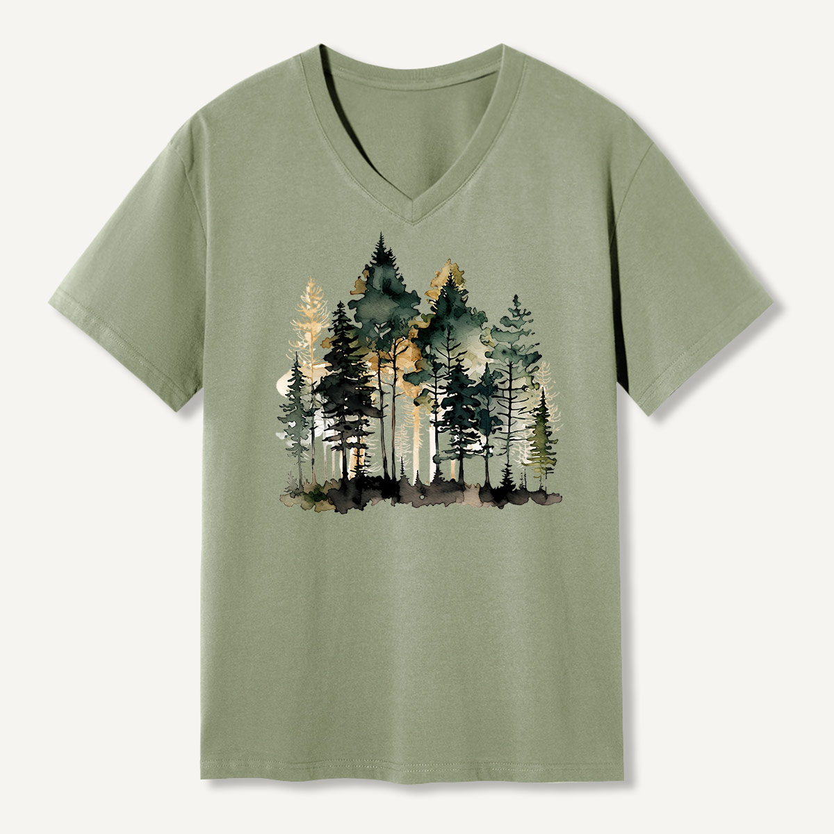 Watercolor Pine Forest Landscape V-neck T-Shirt