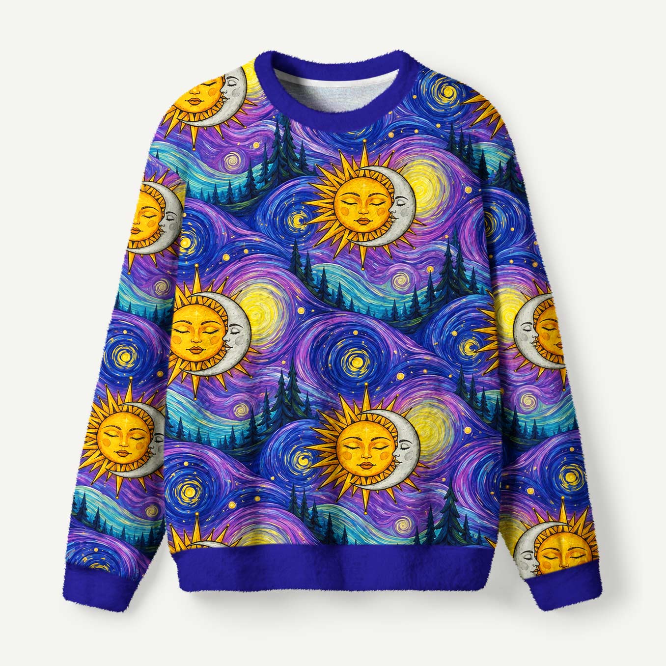 Van Gogh Inspired Swirling Starry Night Sun And Crescent Moon Ugly Fuzzy Fleece Sweatshirt