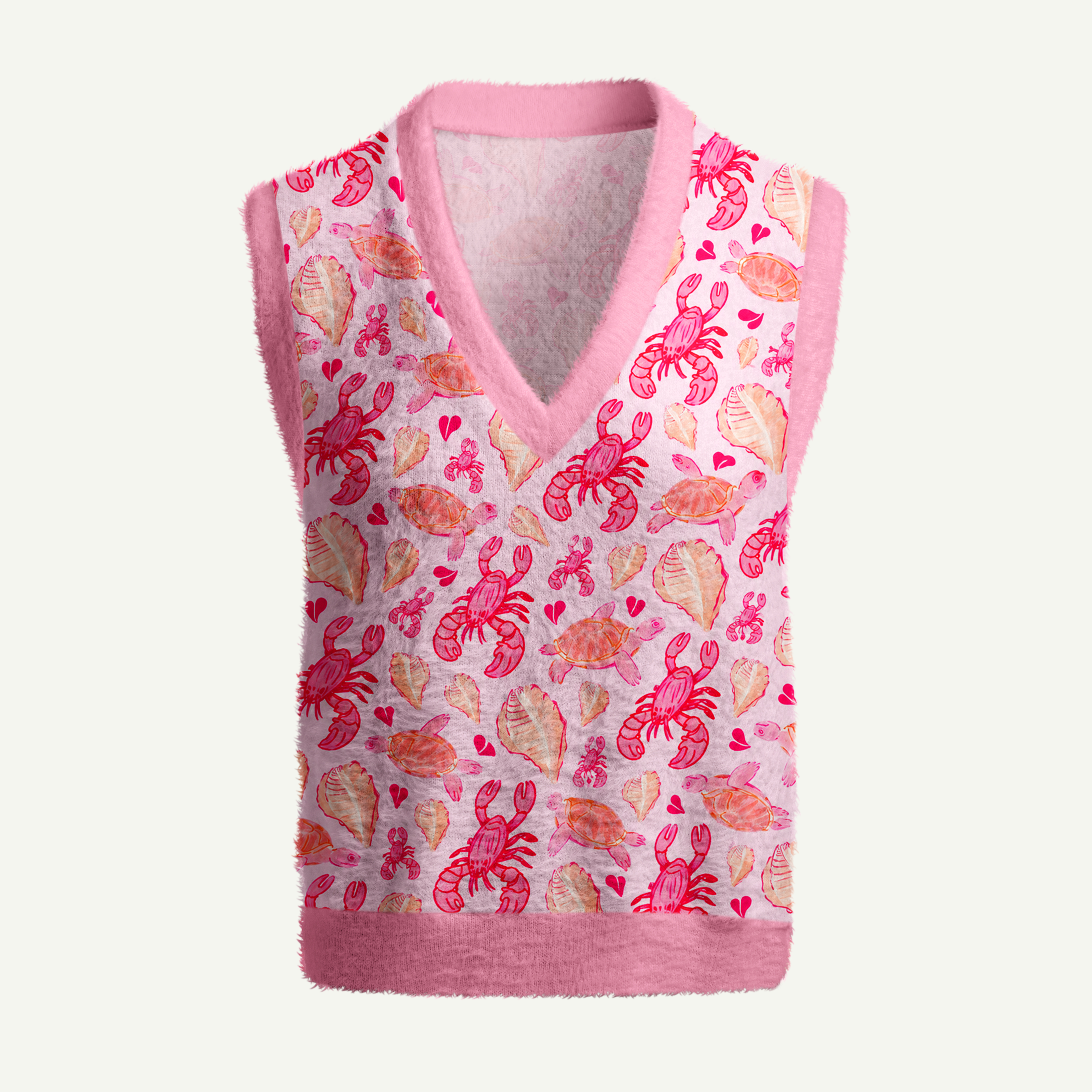 Pink Lobster Turtle Seashell Paradise Women's Fuzzy Vest Sweater