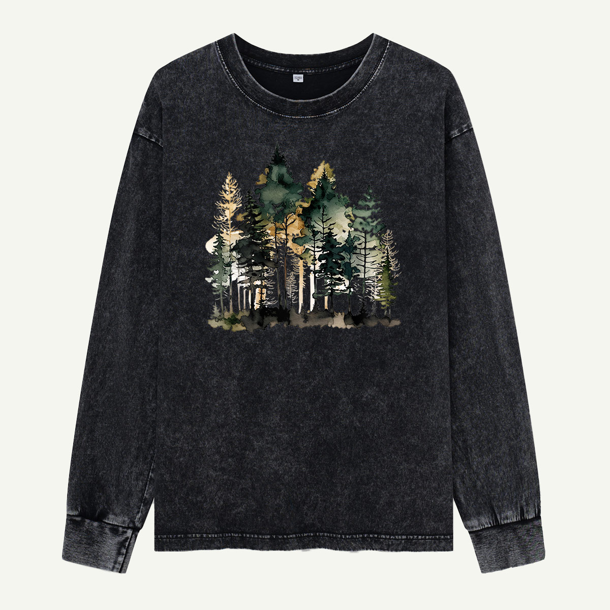 Watercolor Pine Forest Landscape Washed Long Sleeves