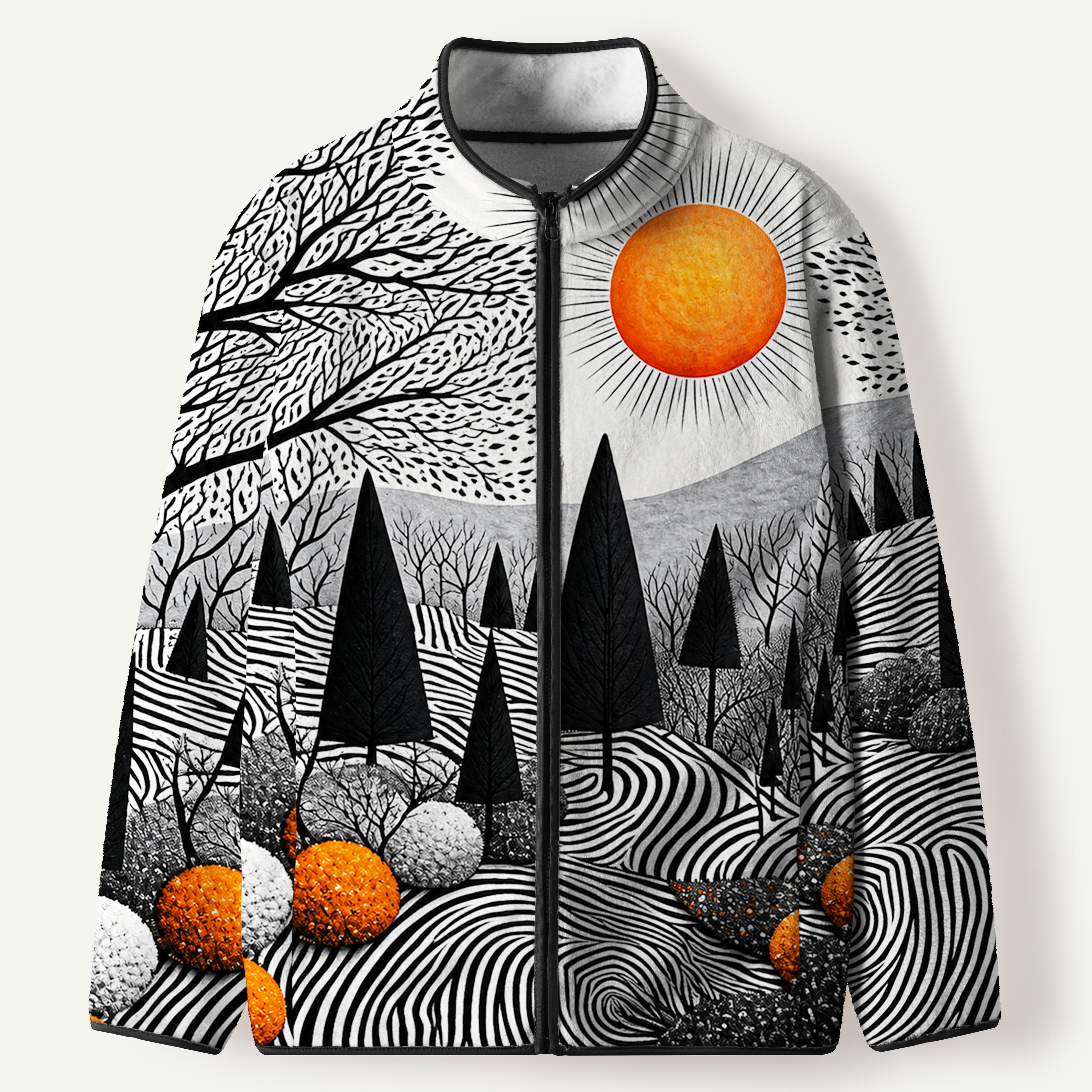 Orange Sun Swirling Forest Landscape Men's Flannel Zip Front Cardigan